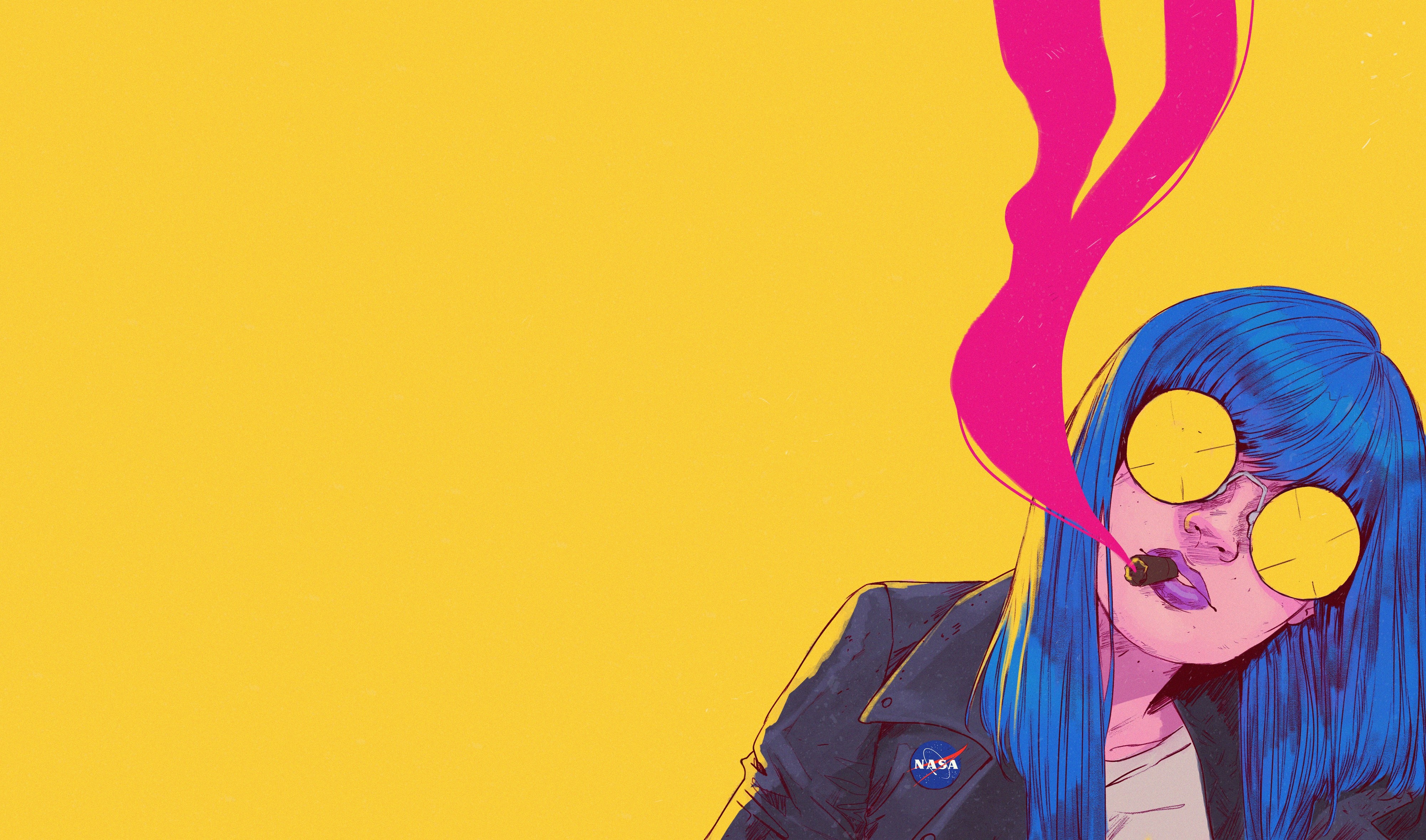 artwork, smoking, shades, yellow background, colorful, blue hair, HD Wallpaper