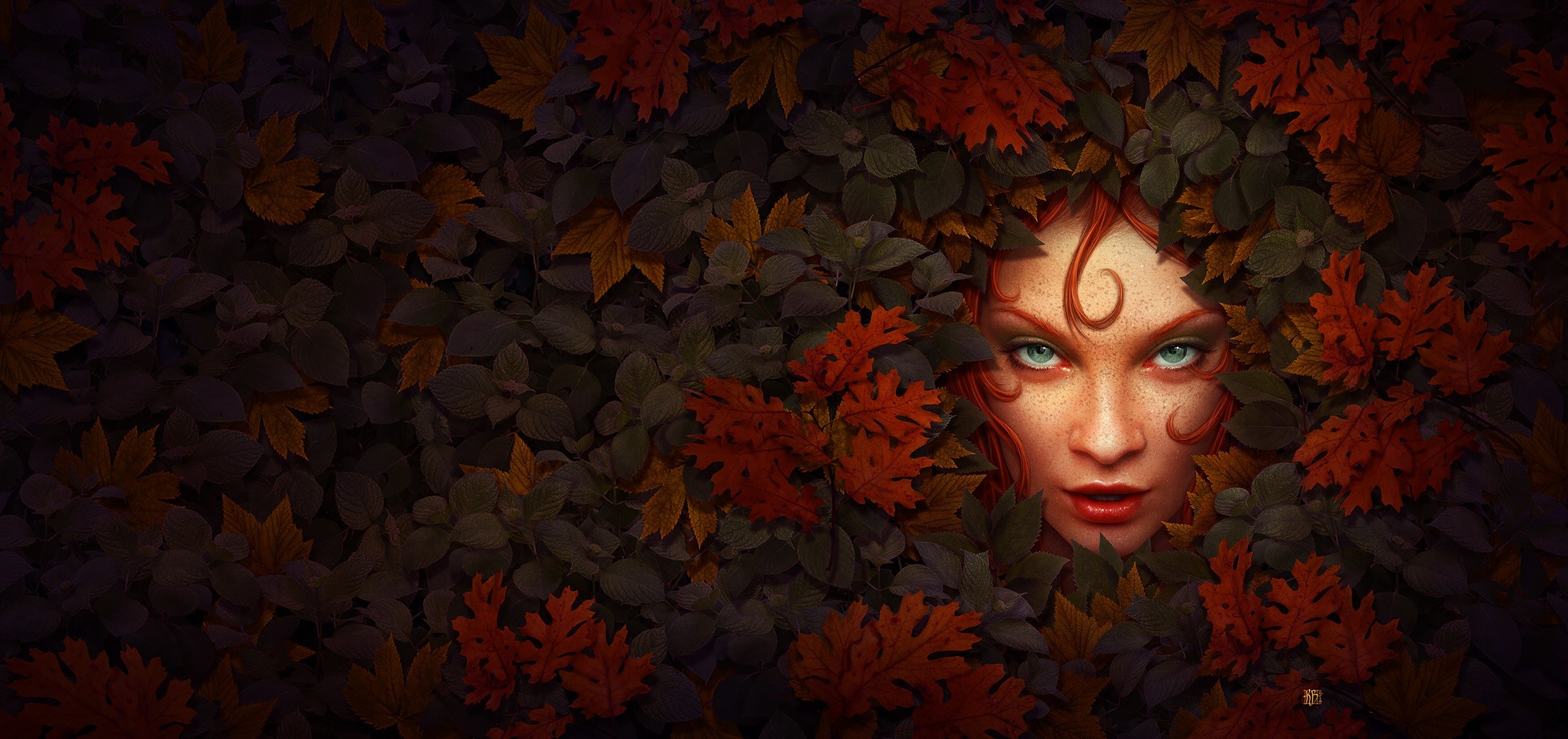 women, artwork, leaves, face, redhead, portrait, plants, HD Wallpaper