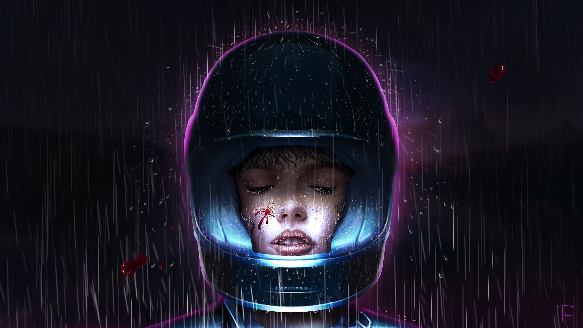 women, rain, artwork, helmet, closed eyes, HD Wallpaper