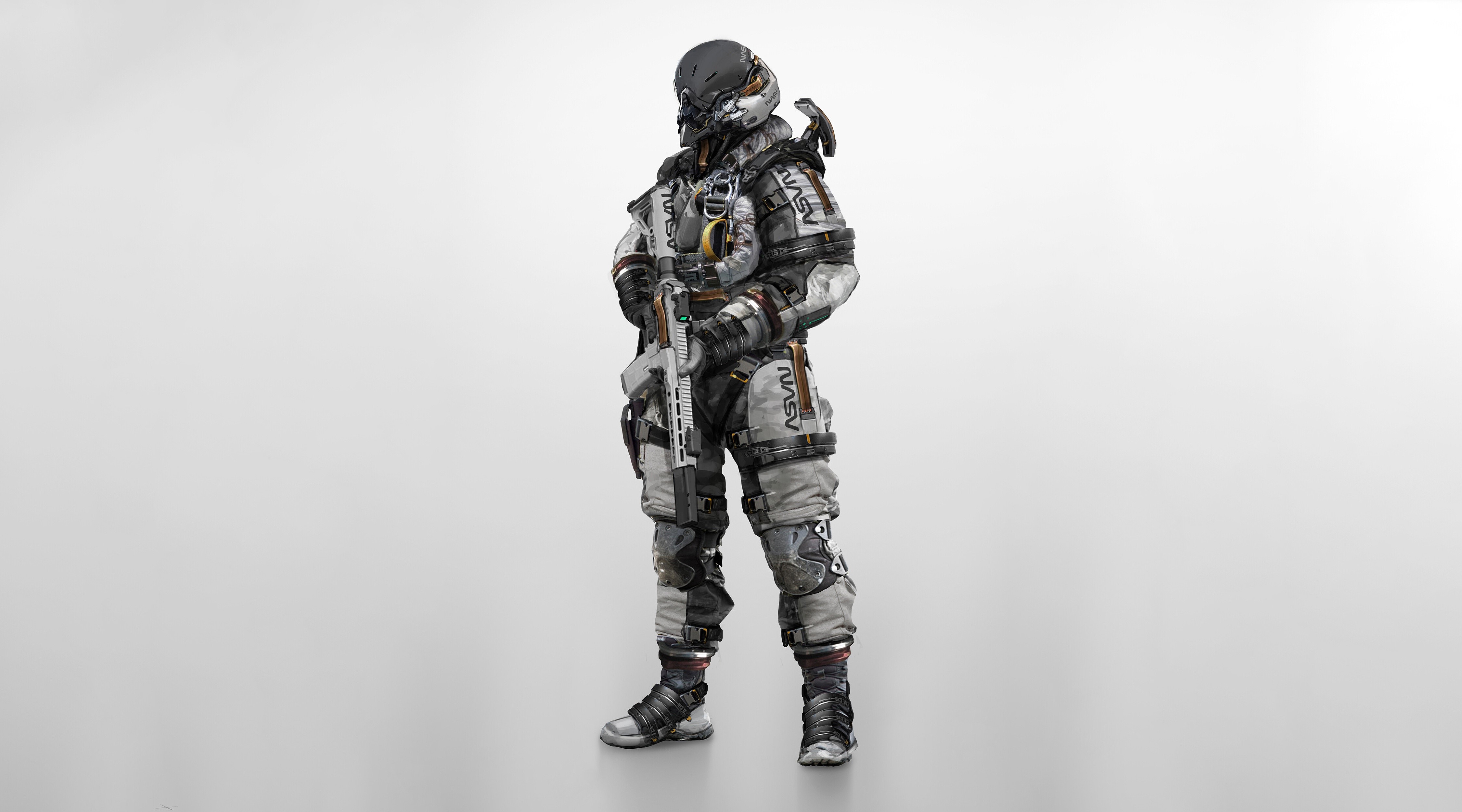 simple background, science fiction, artwork, weapon, futuristic, astronaut, NASA, HD Wallpaper