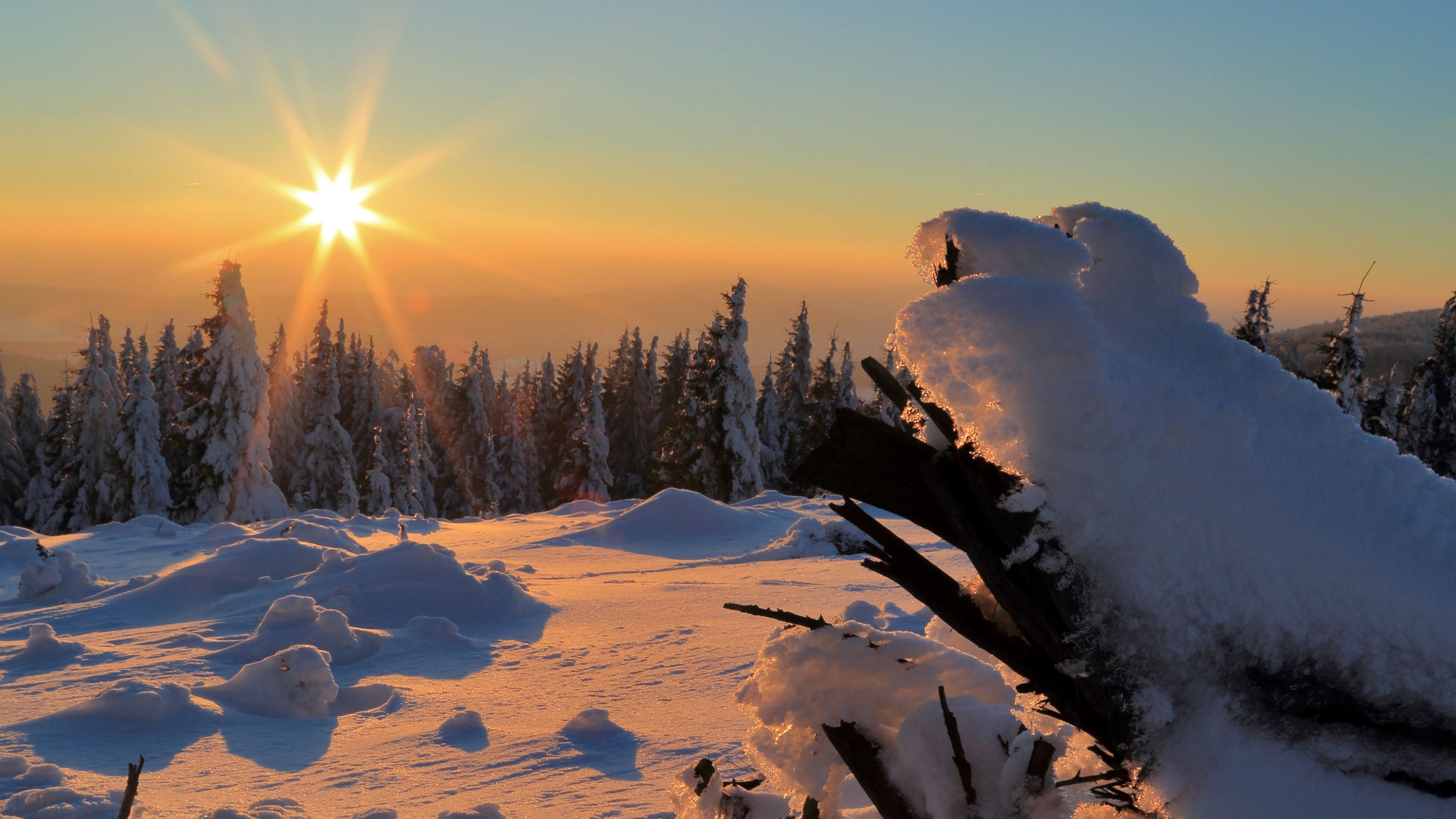 winter, snow, sunset, drifts, trees, 4k, HD Wallpaper