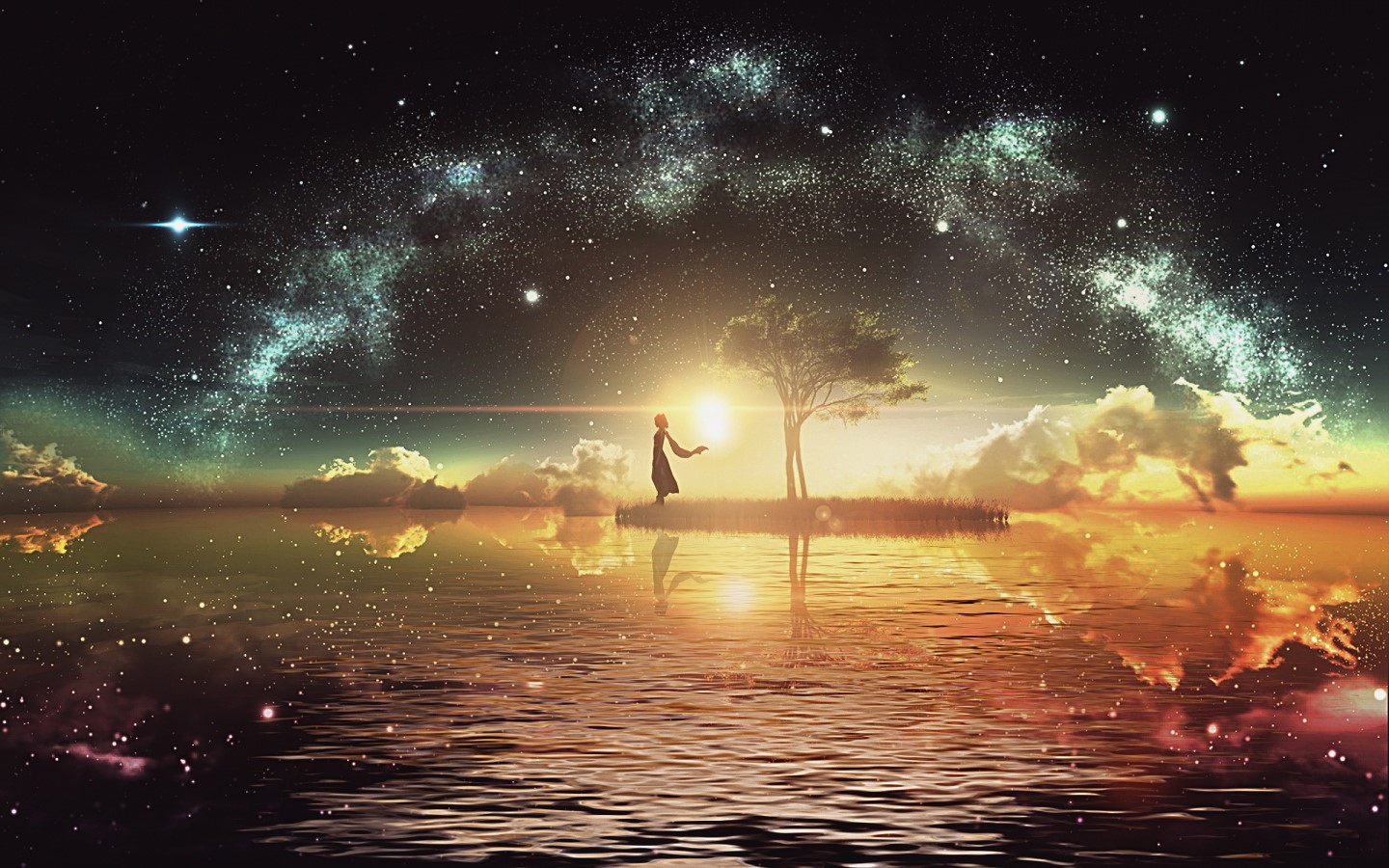 galaxy, stars, universe, island, water, night, HD Wallpaper