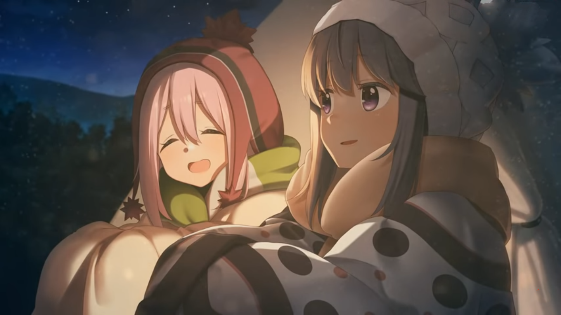 Rin Shima, Nadeshiko Kagamihara, Yuru Camp, pink hair, blue hair, purple eyes, smiling, anime, anime girls, HD Wallpaper
