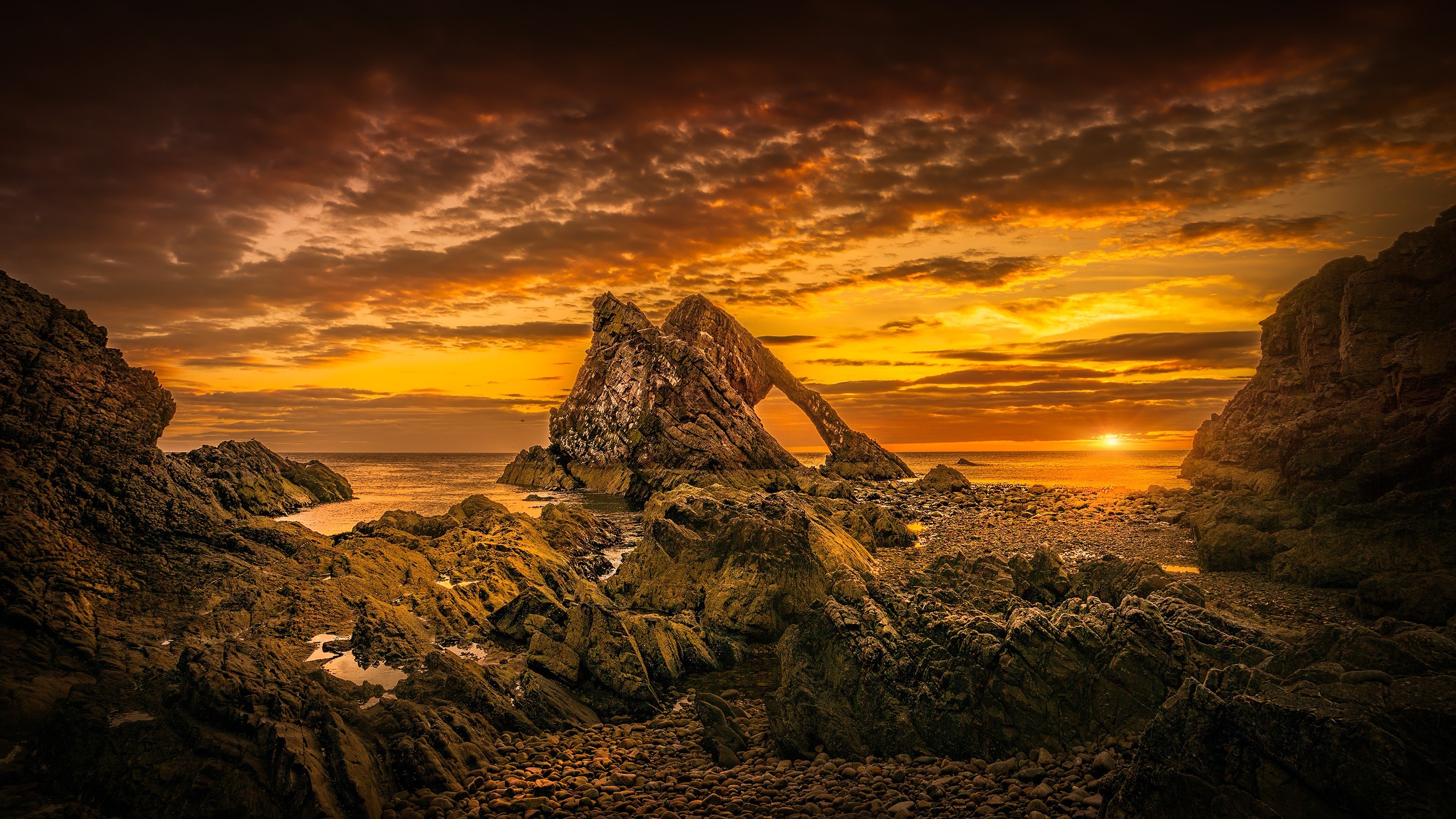 Scotland, Bow Fiddle Rock, beach, clouds, sea, rock formation, sunset, HD Wallpaper