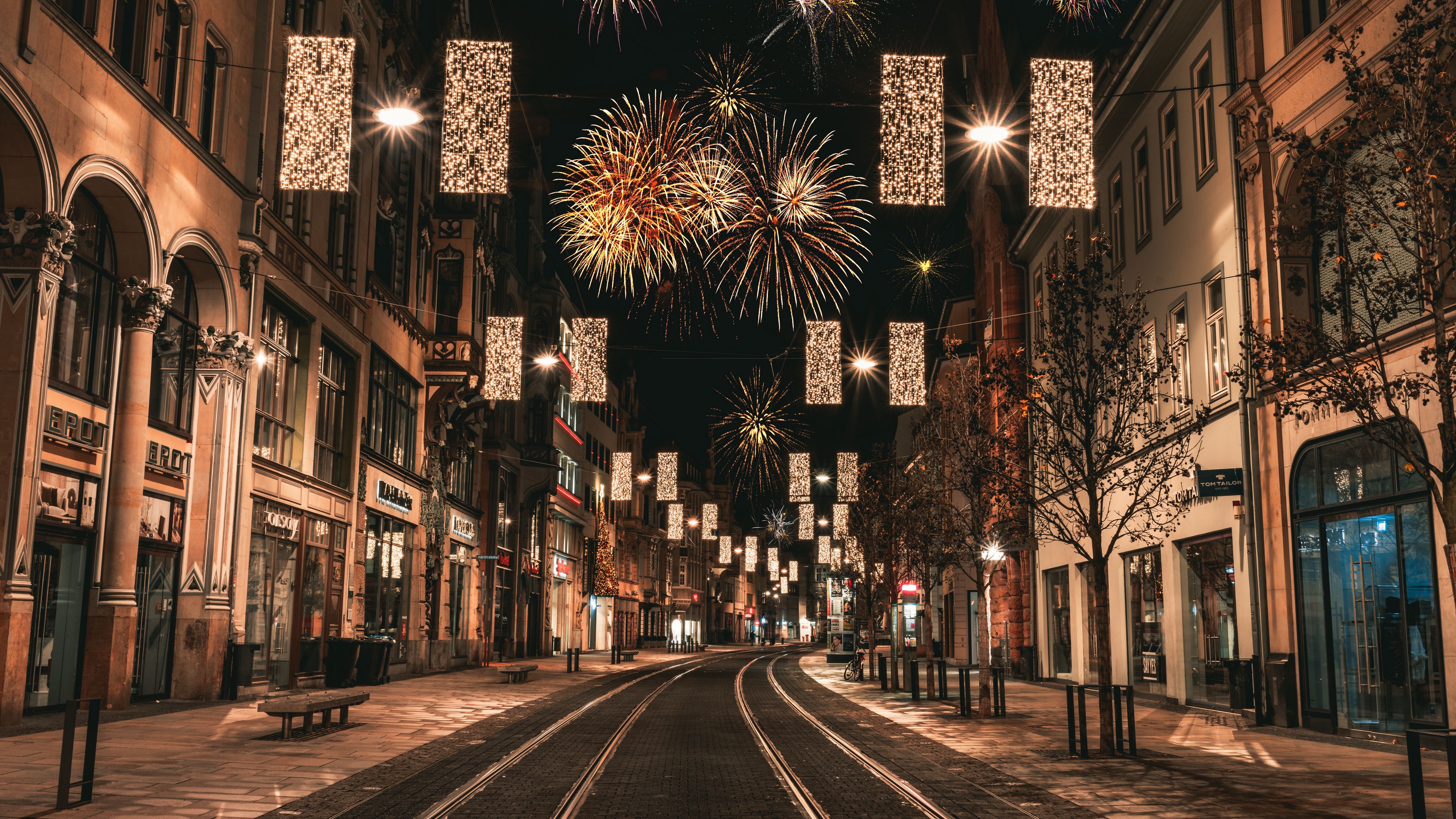 night city, illumination, lighting, salute, 4k, HD Wallpaper