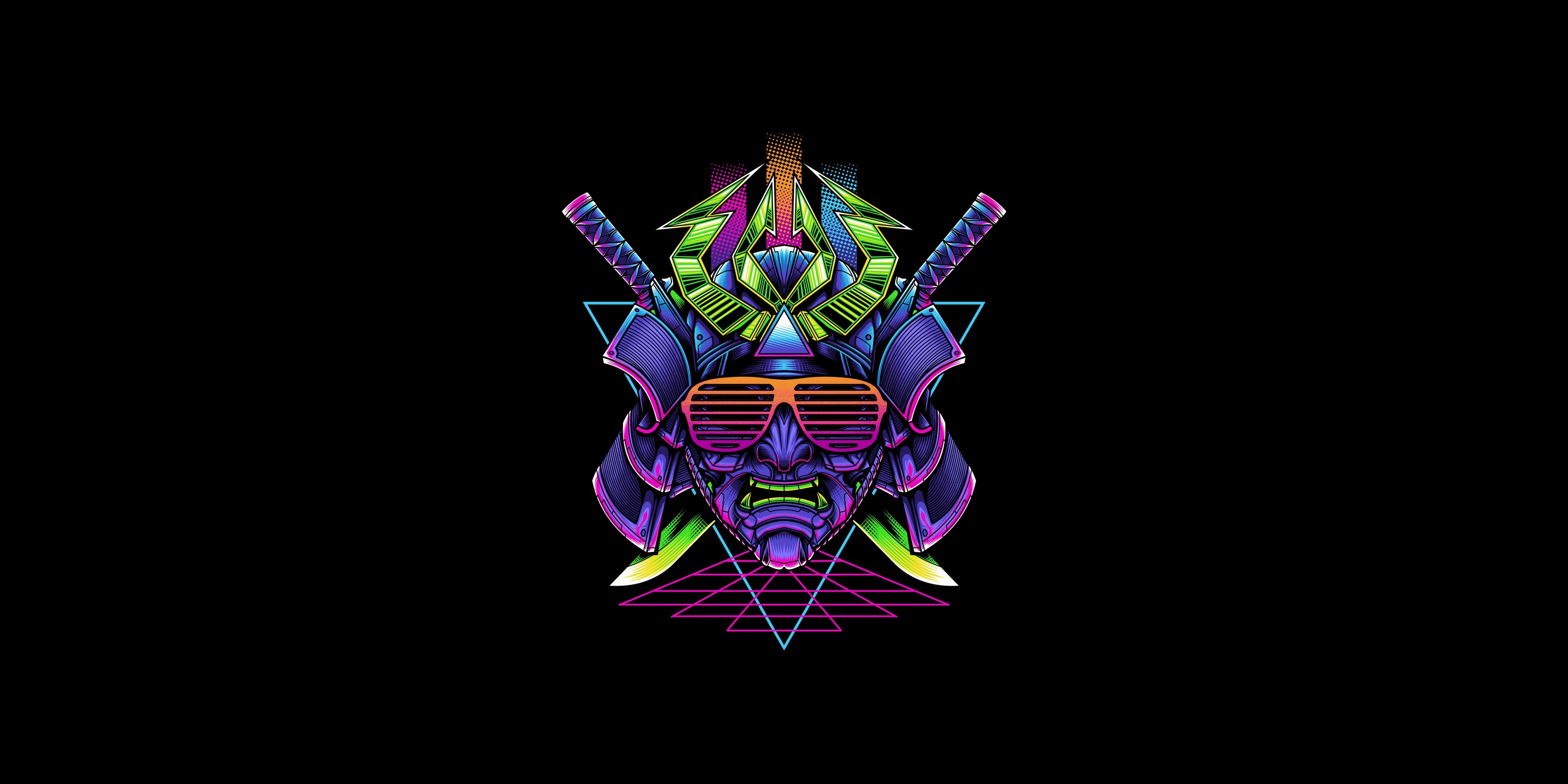 neon, artwork, minimalism, simple background, samurai, HD Wallpaper