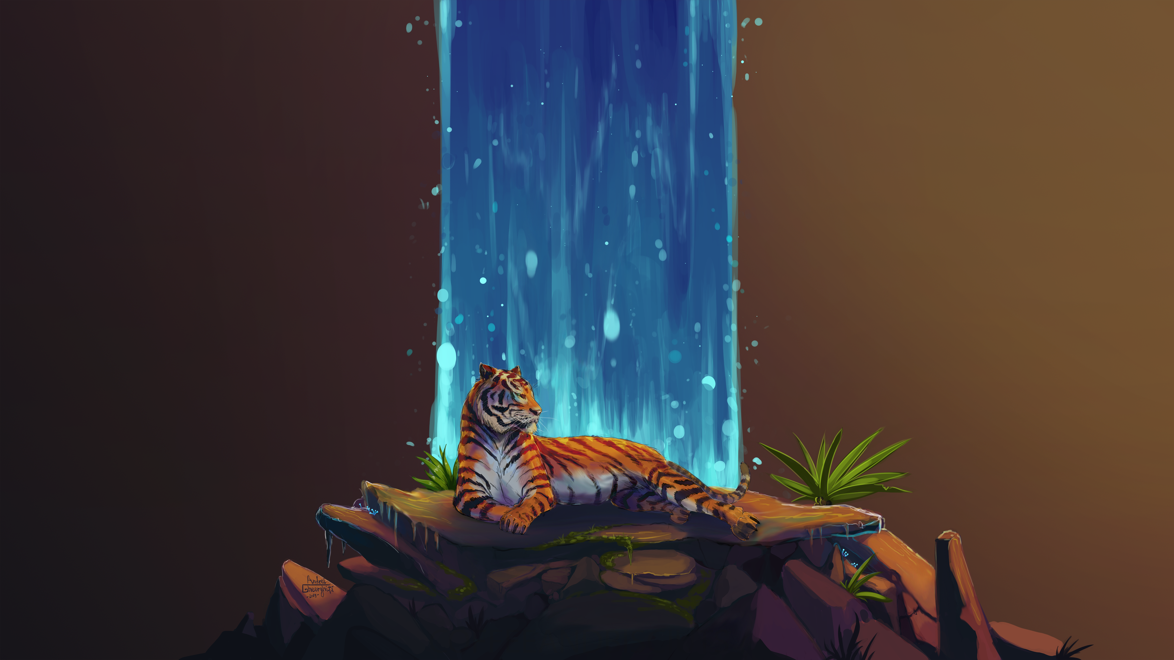 tiger, waterfall, rocks, animals, calm, nature, HD Wallpaper