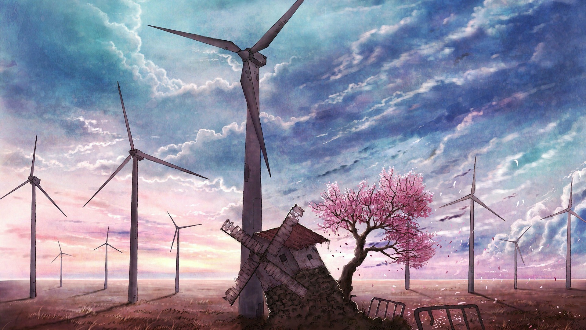 cherry blossom, windmill, sky, clouds, HD Wallpaper