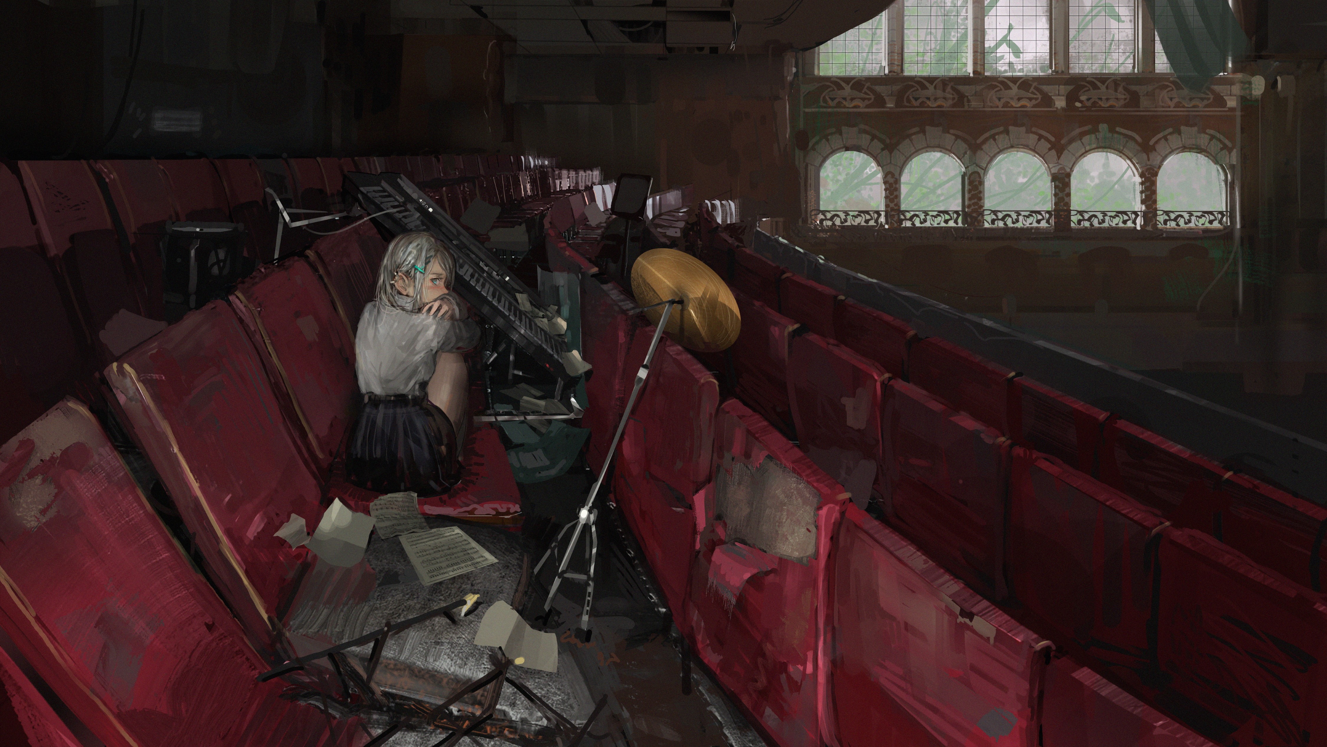 women, musical instrument, music sheet, abandoned, theater, drums, Seat, HD Wallpaper