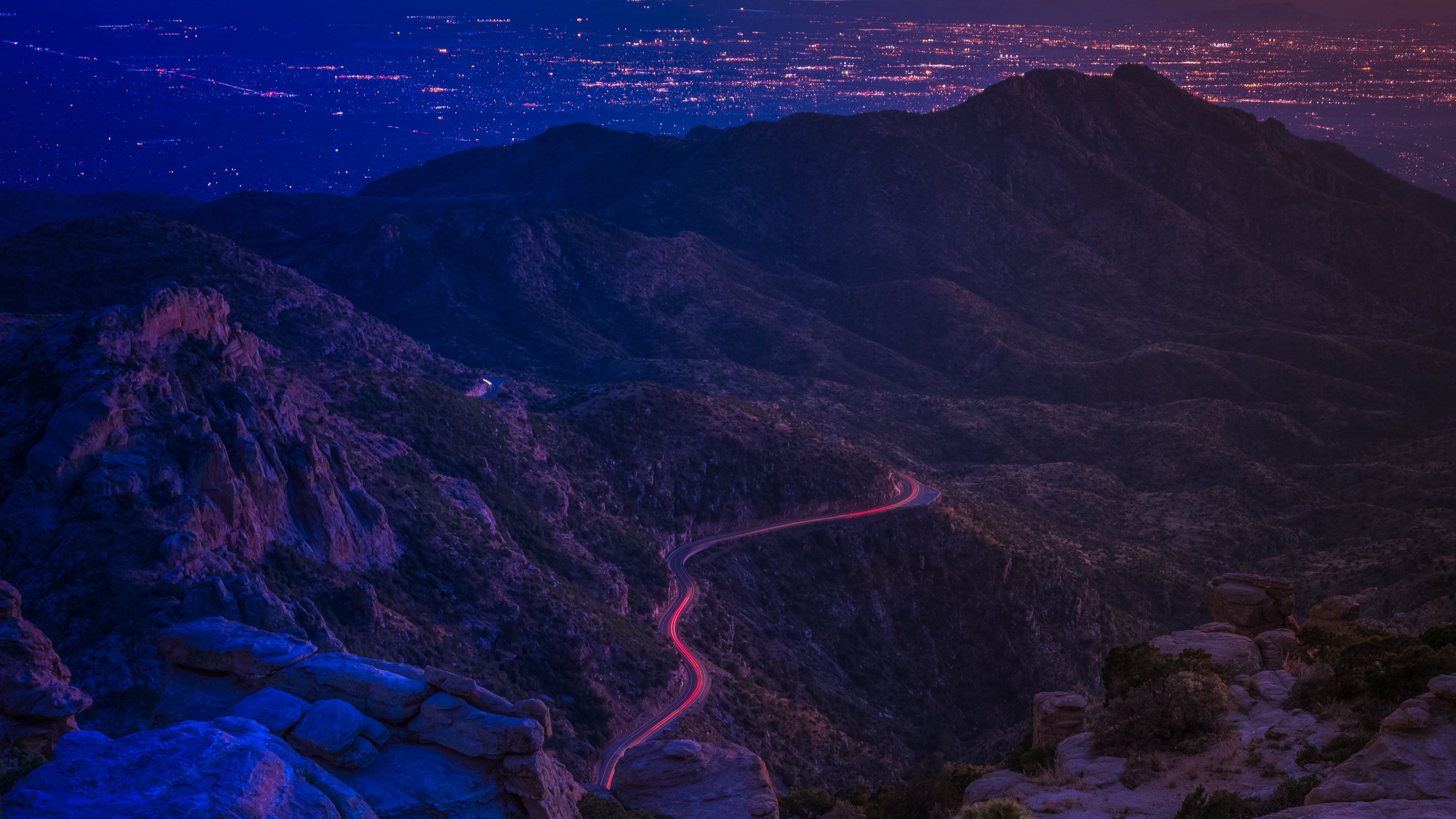 mountains, road, night, backlight, aerial view, 4k, HD Wallpaper