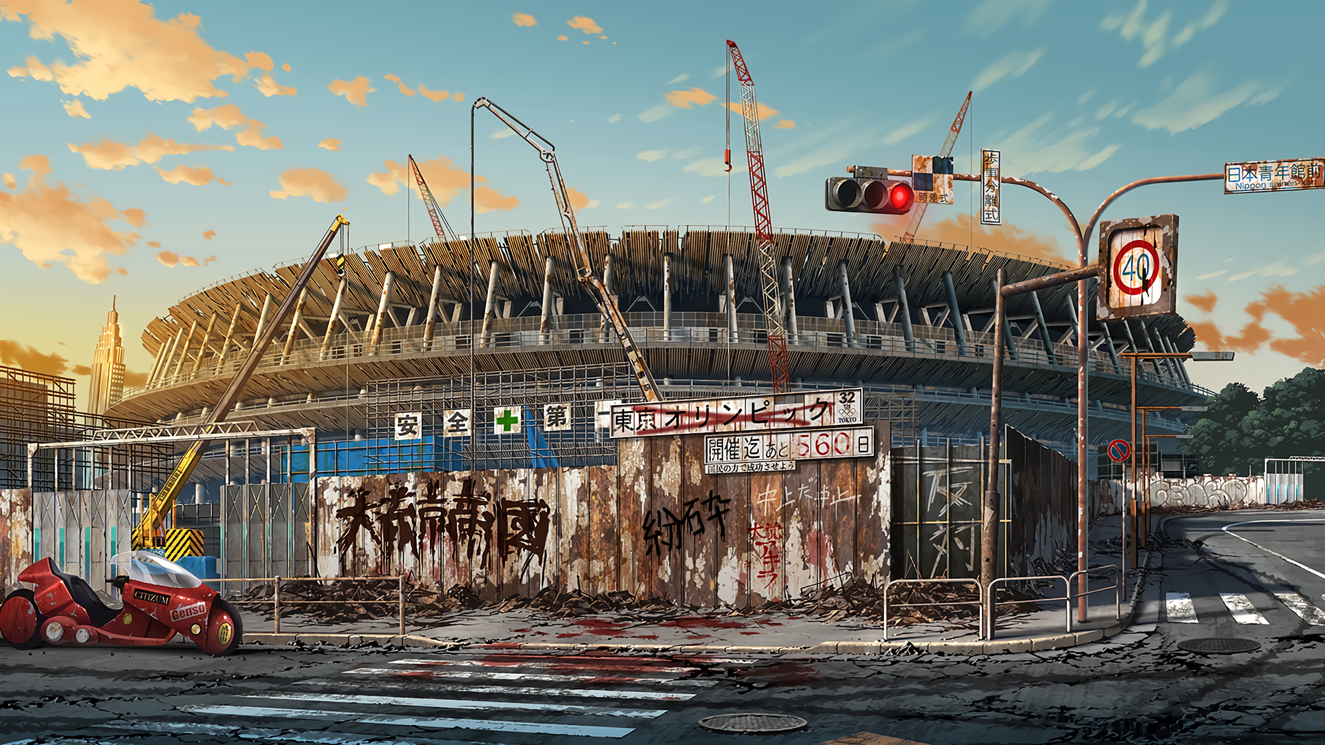 building, Akira, motorcycle, anime, HD Wallpaper