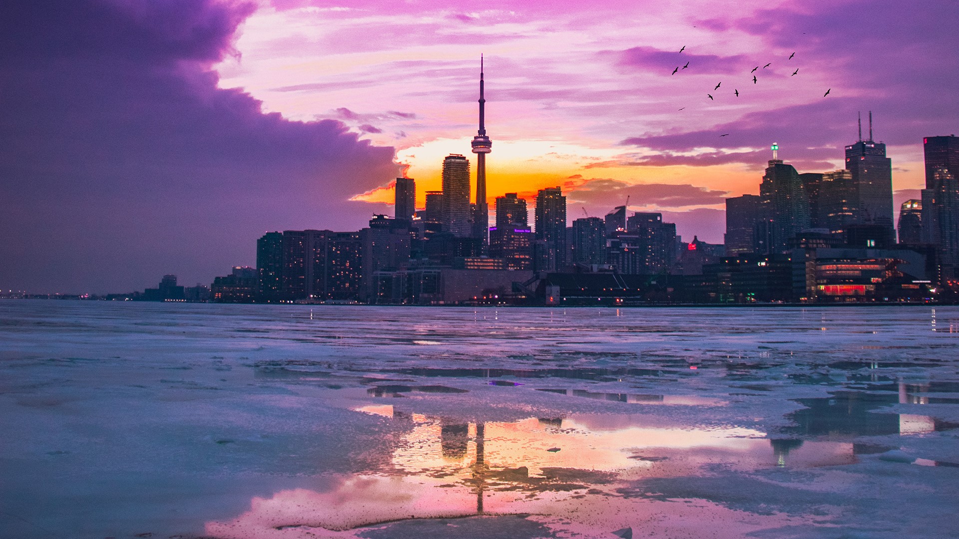 ice, winter, city, cityscape, sky, purple, HD Wallpaper