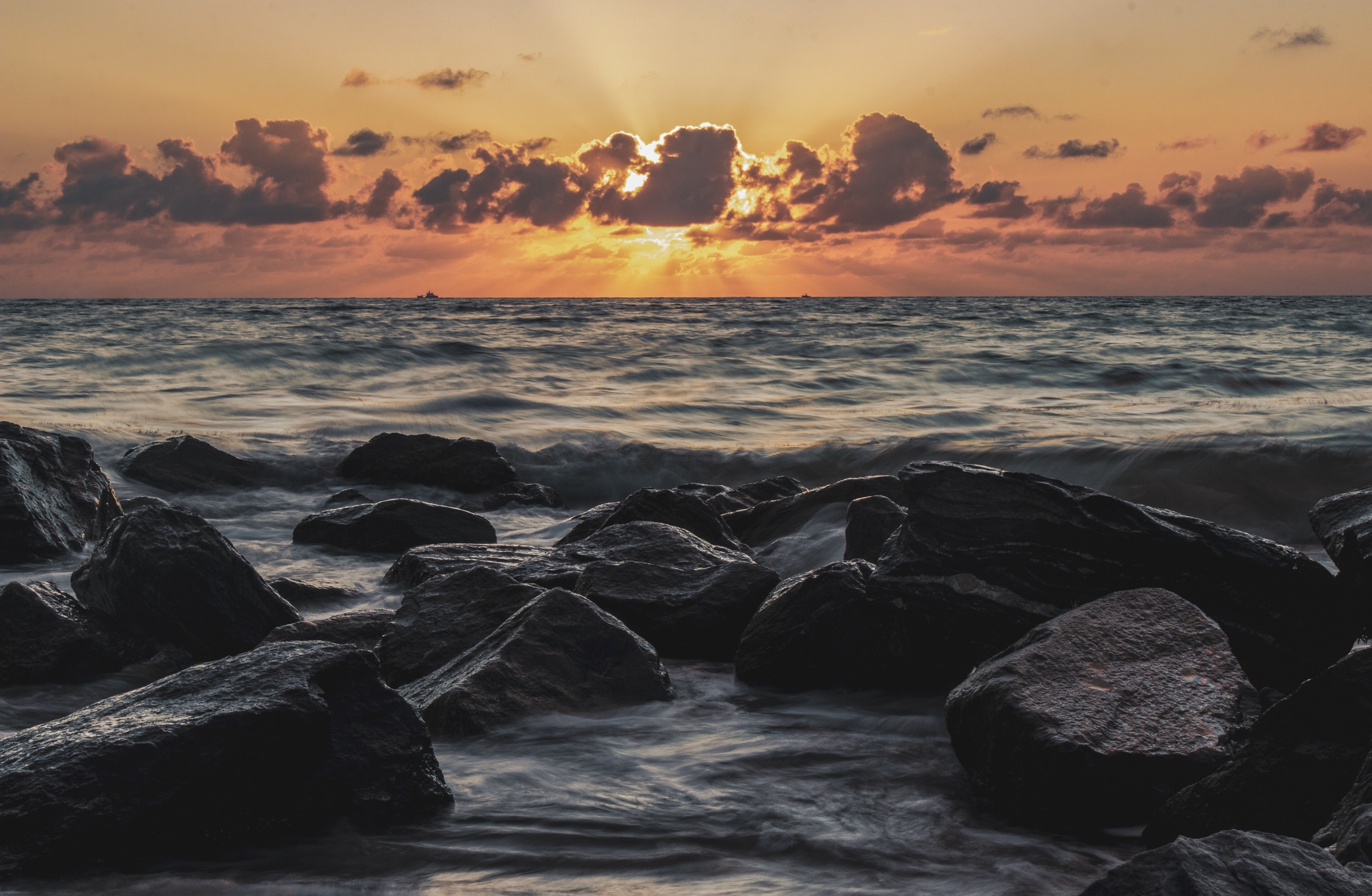 landscape, nature, photography, water, sea, sunset, clouds, rock, HD Wallpaper