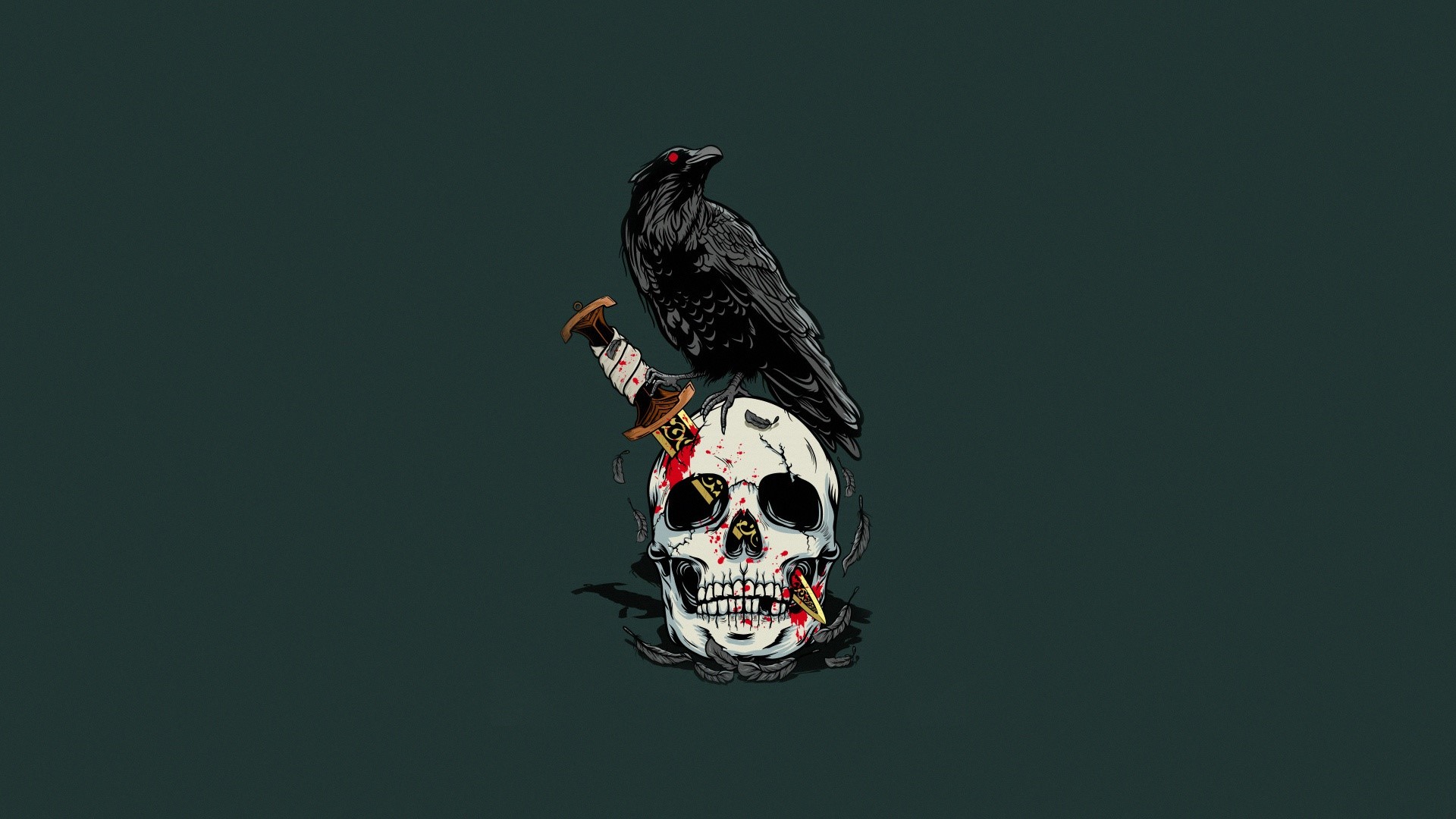 birds, skull, artwork, simple background, raven, green, green background, blood, knife, teeth, animals, feathers, HD Wallpaper