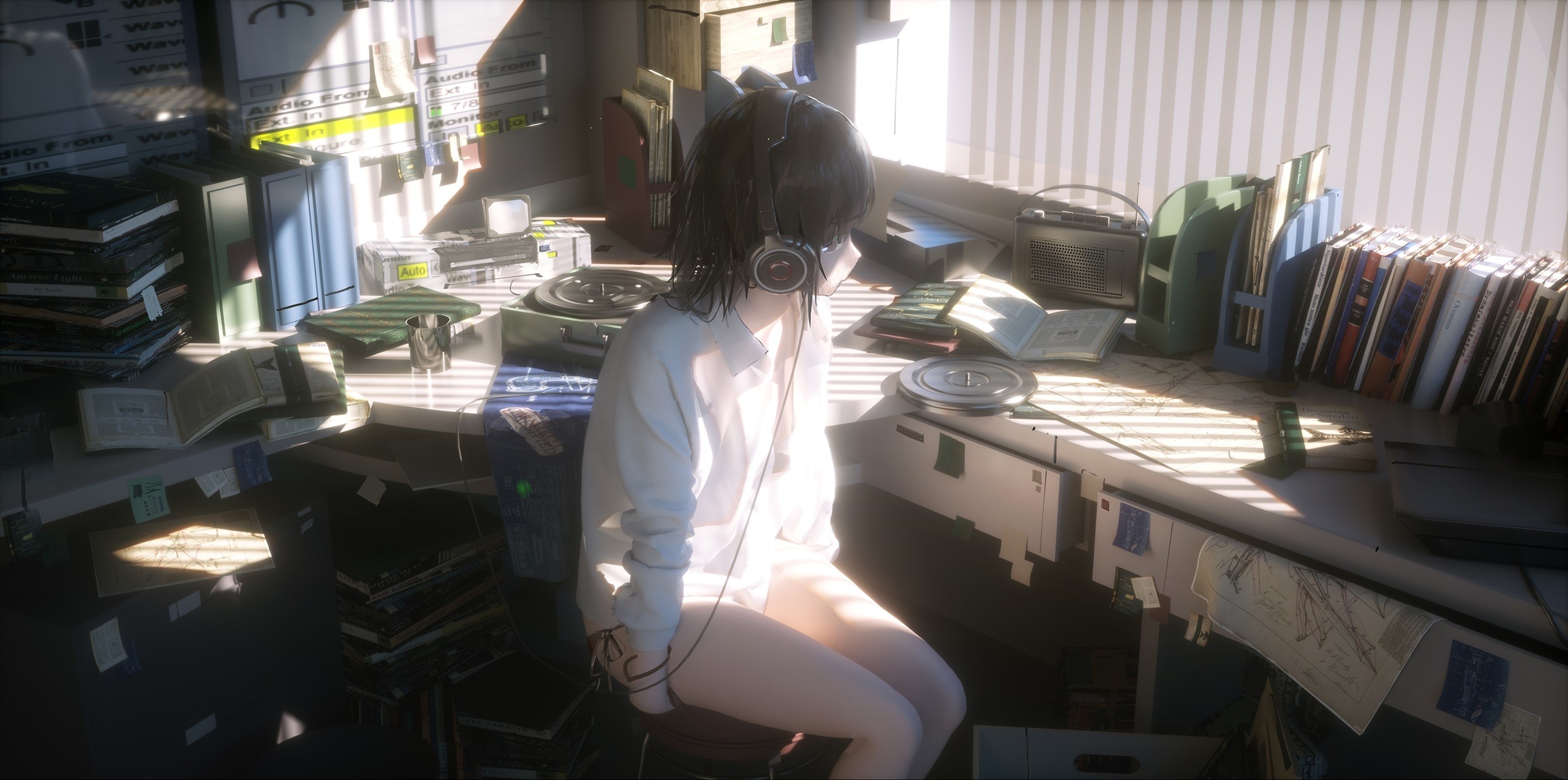 anime girls, headphones, women indoors, desk, radio, books, window, HD Wallpaper