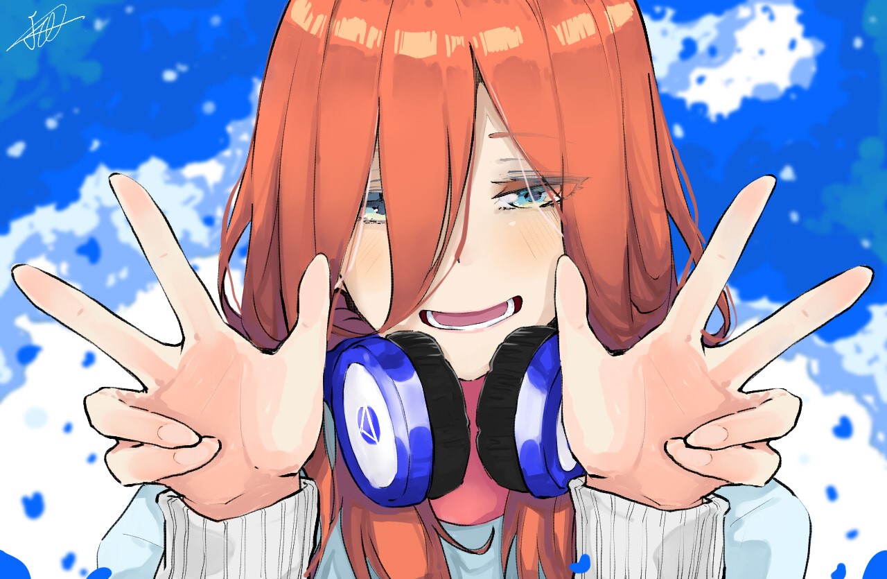 5-toubun no Hanayome, anime girls, long hair, redhead, smiling, blue eyes, headphones, peace sign, Nakano Miku, HD Wallpaper