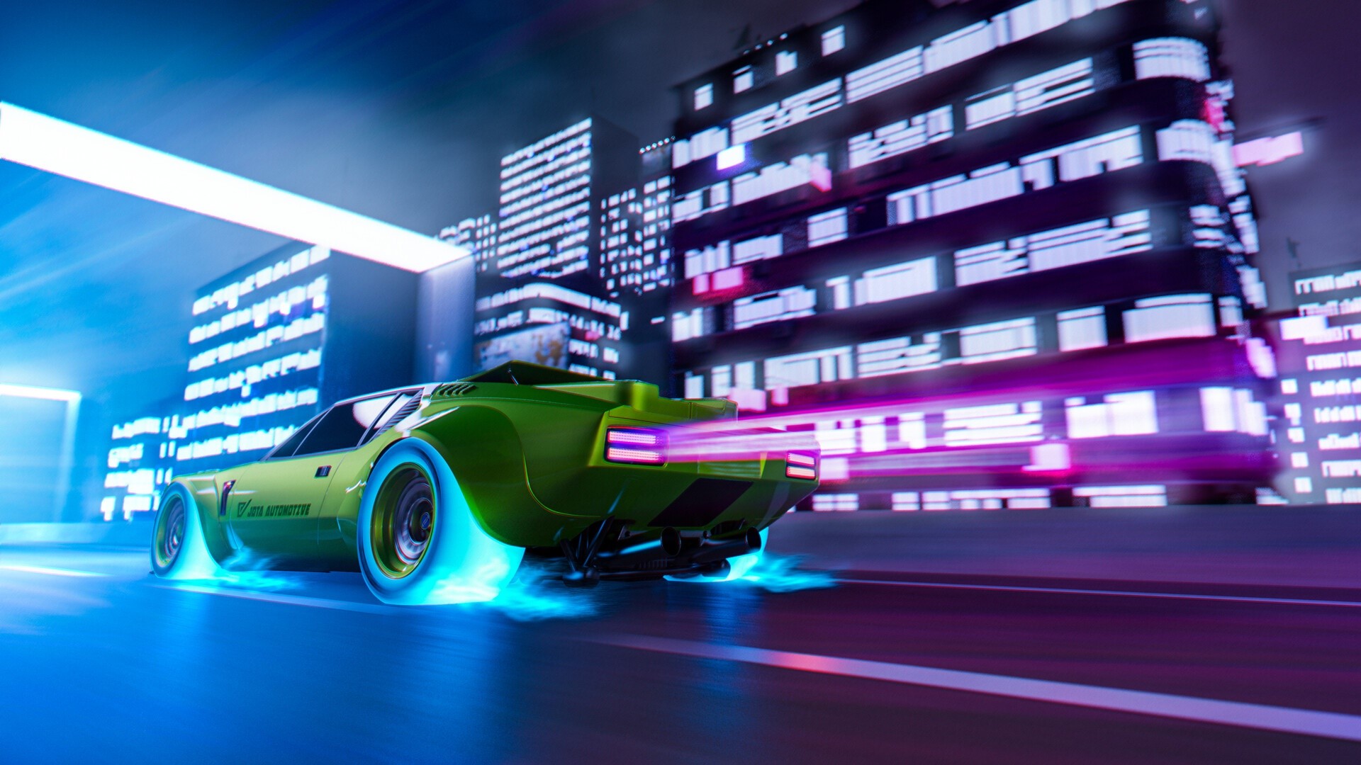 synthwave, neon, car, digital art, artwork, vehicle, city, Retrowave, De Tomaso Pantera GTS, De Tomaso, low-angle, light trails, colored wheels, night, HD Wallpaper