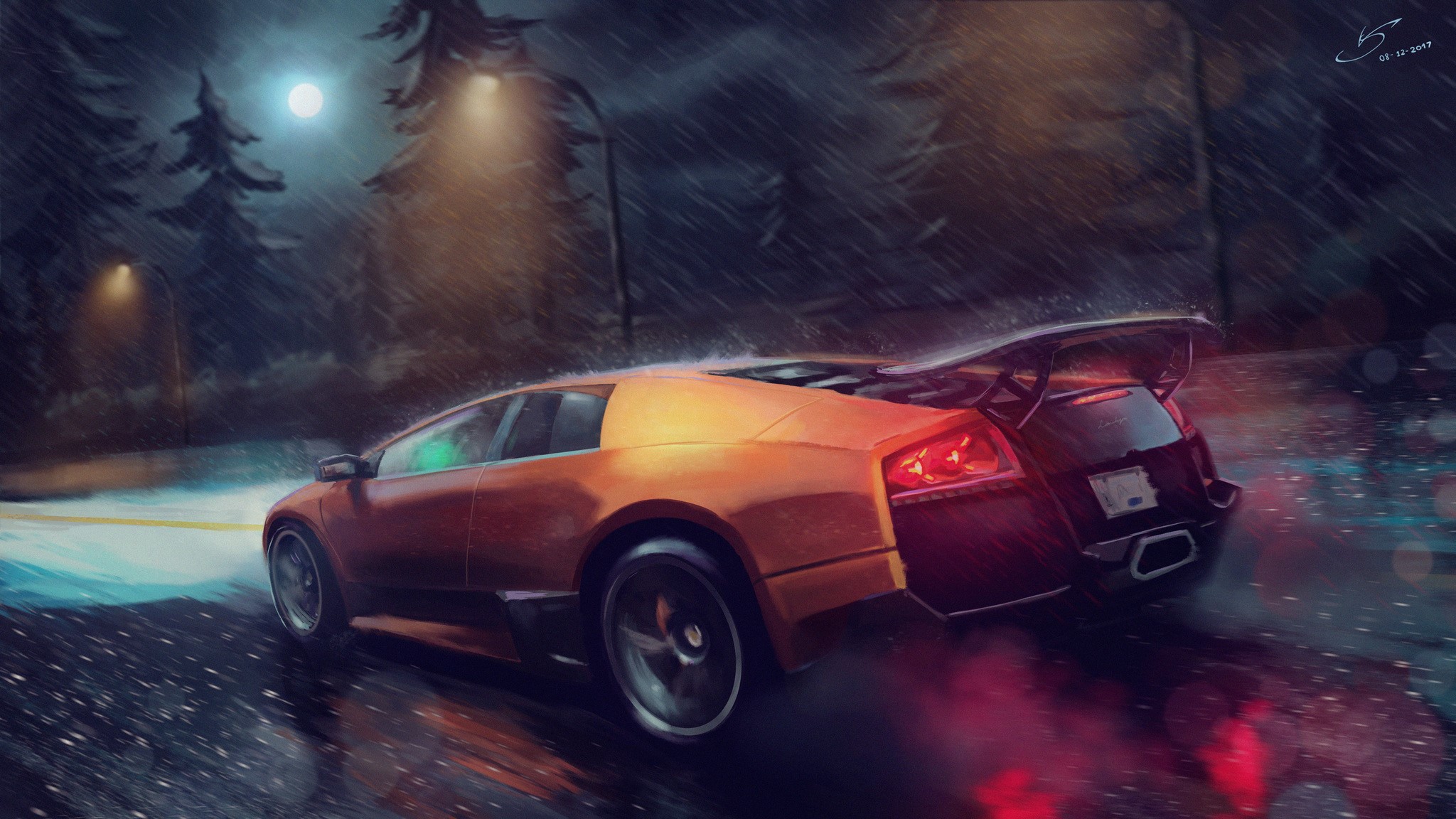 Lamborghini Murcielago, Lamborghini, car, artwork, night, rain, Moon, moonlight, trees, HD Wallpaper