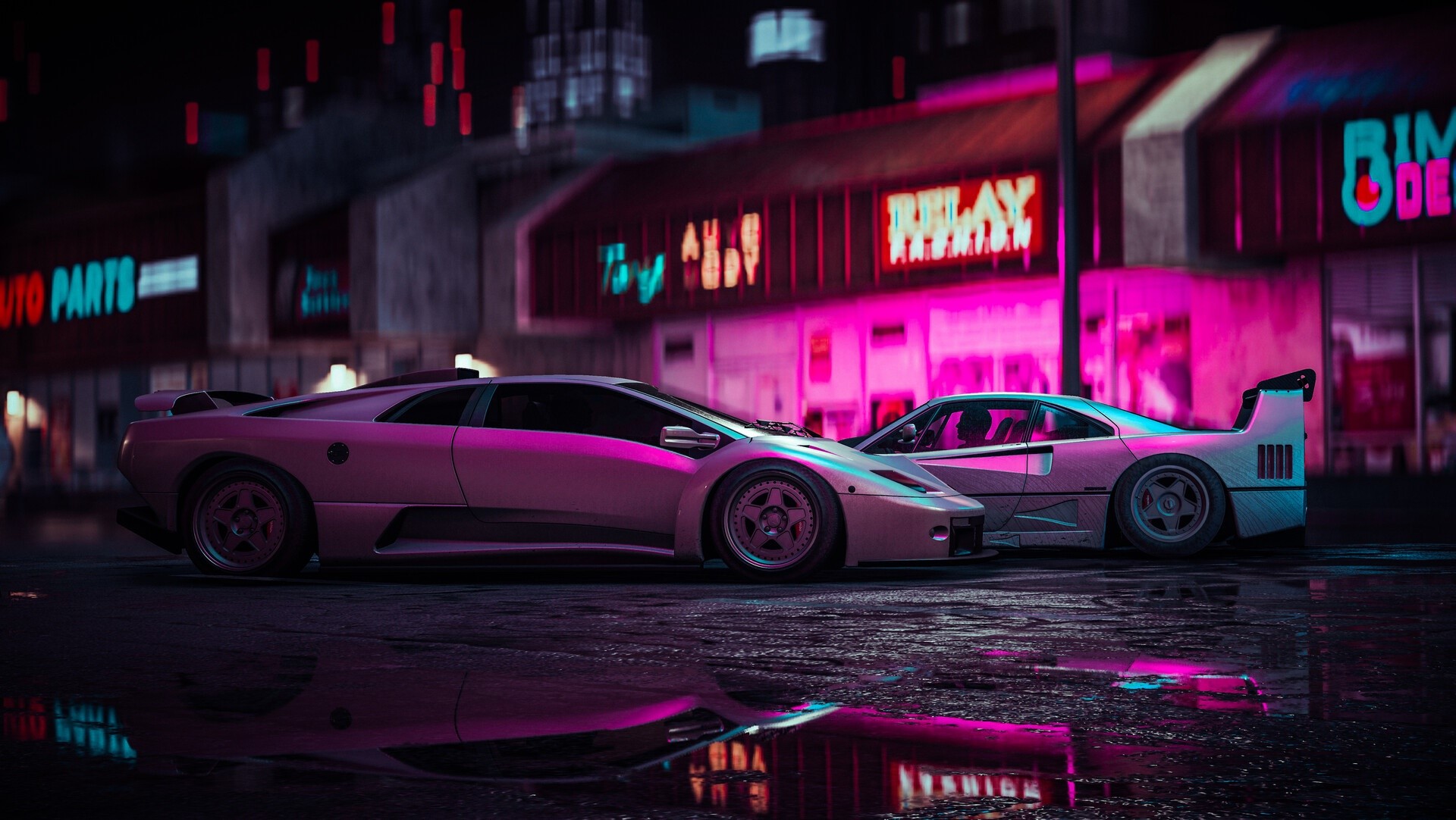 artwork, digital art, car, vehicle, Lamborghini, Ferrari, neon, OutRun, vaporwave, Ferrari F-40, Lamborghini Diablo, HD Wallpaper