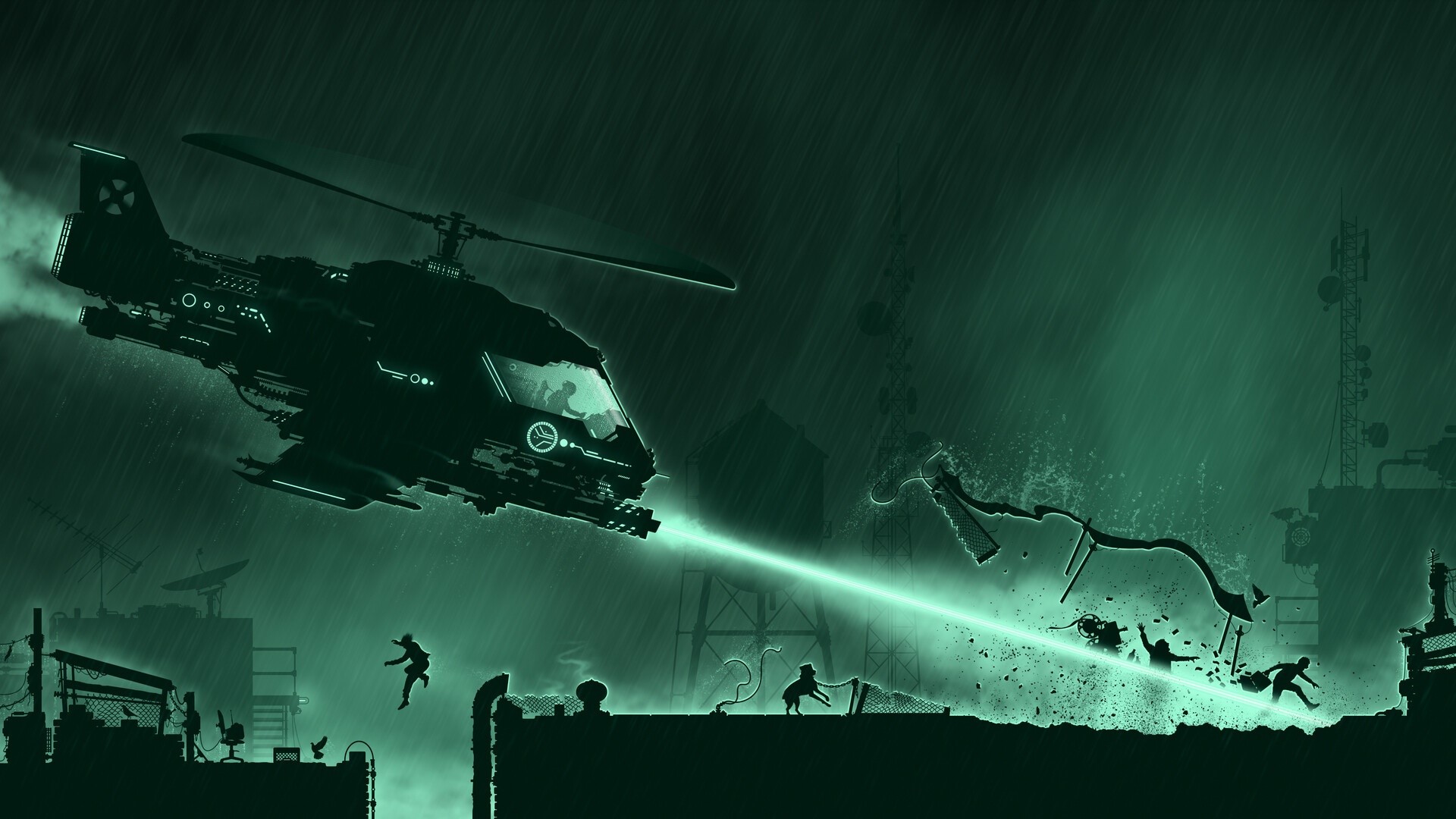 science fiction, helicopter, artwork, rain, dark, futuristic, digital art, green, HD Wallpaper