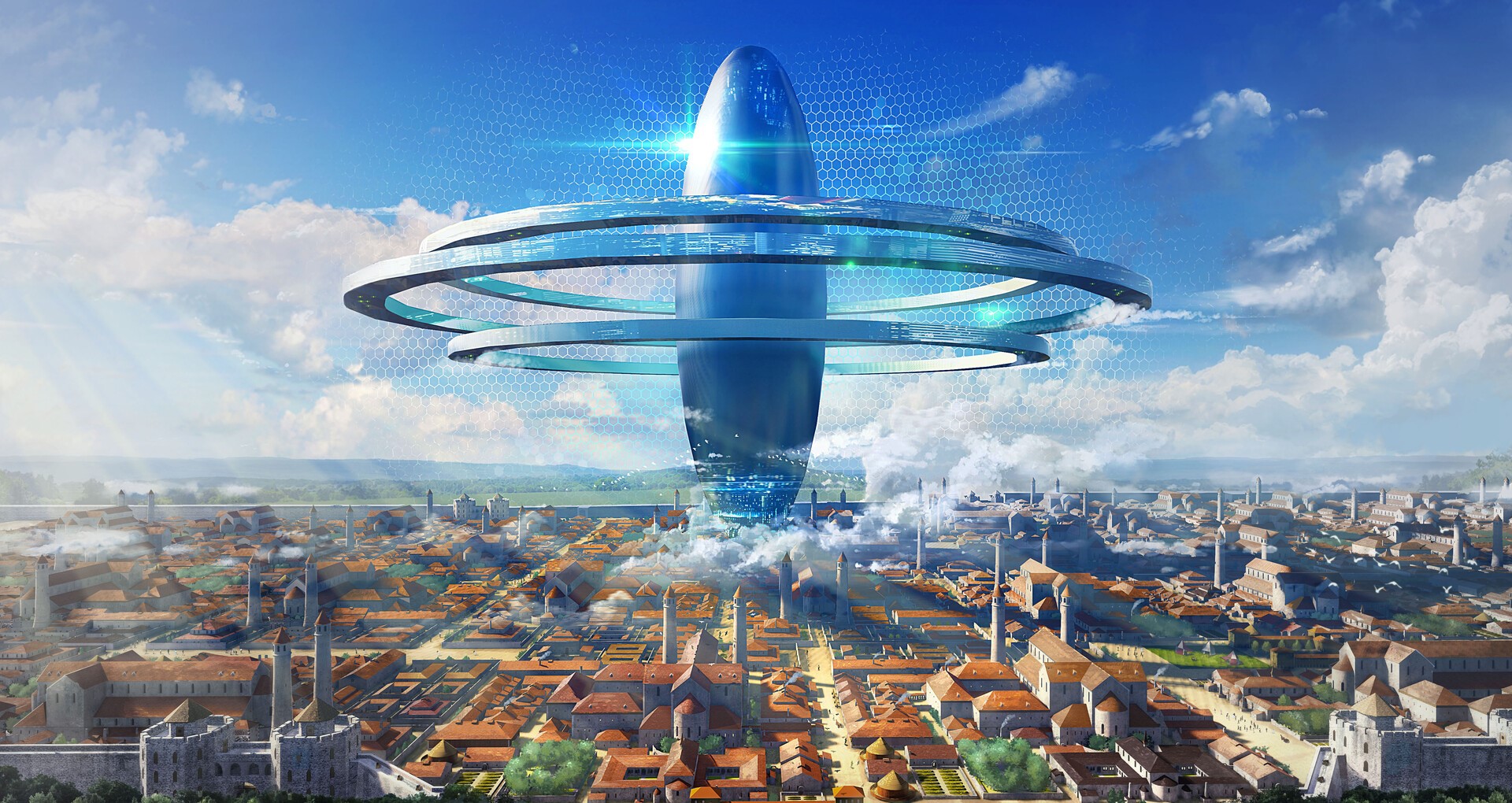 artwork, fantasy art, digital art, city, fantasy city, science fiction, Sword Art Online, airplane, HD Wallpaper
