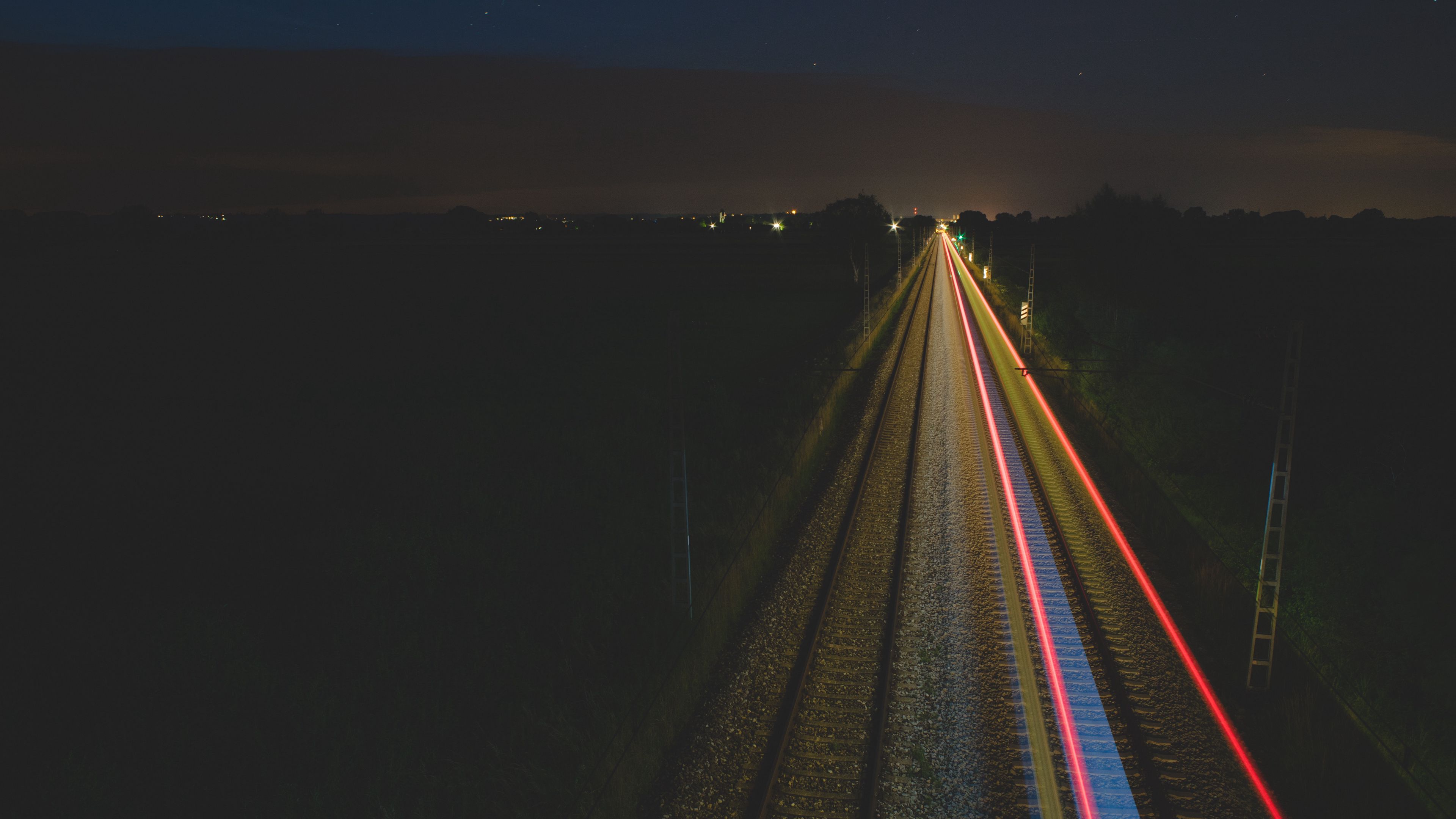 railway, lights, long exposure, night, 4k, HD Wallpaper