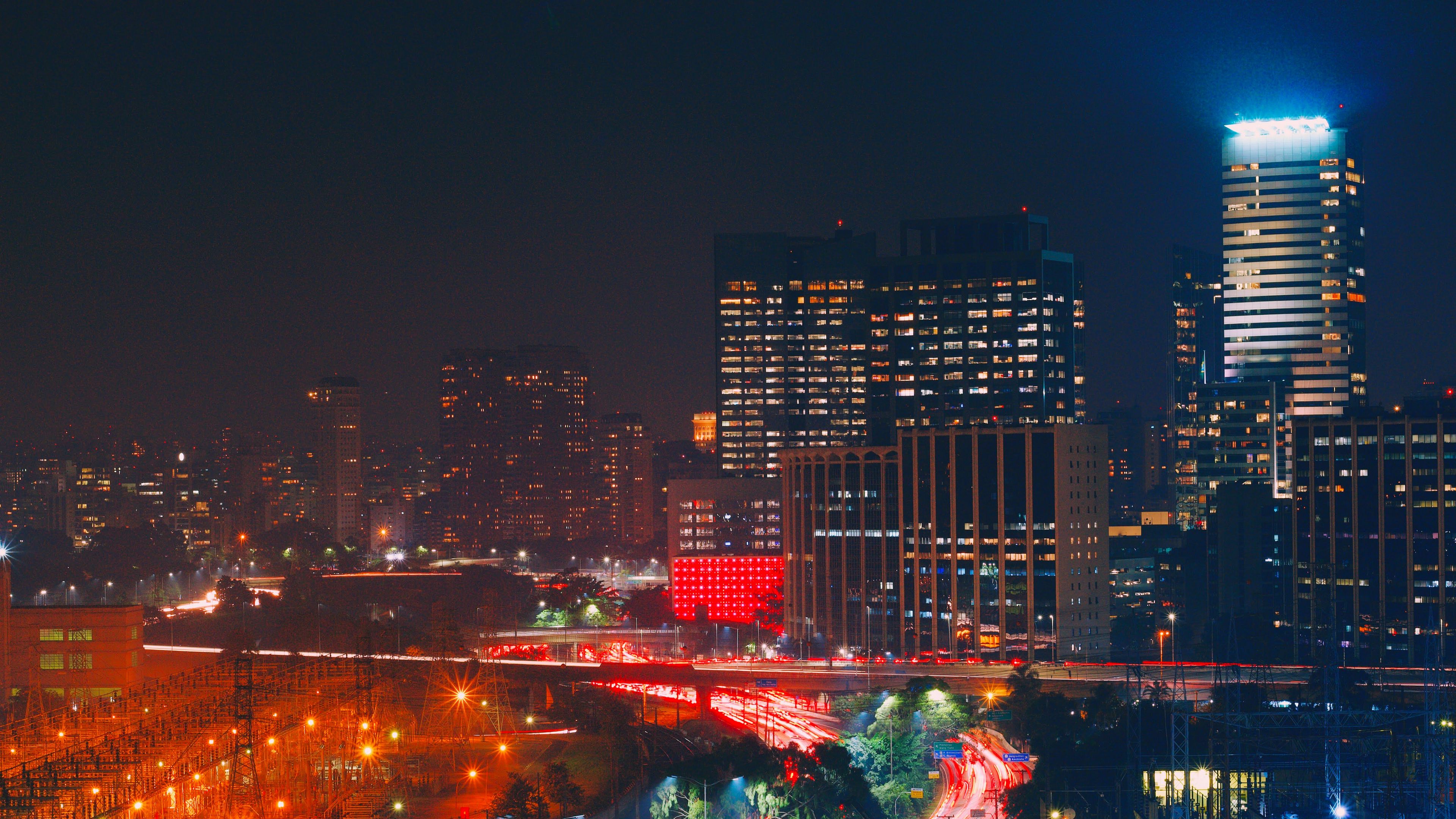 night city, road, long exposure, 4k, HD Wallpaper