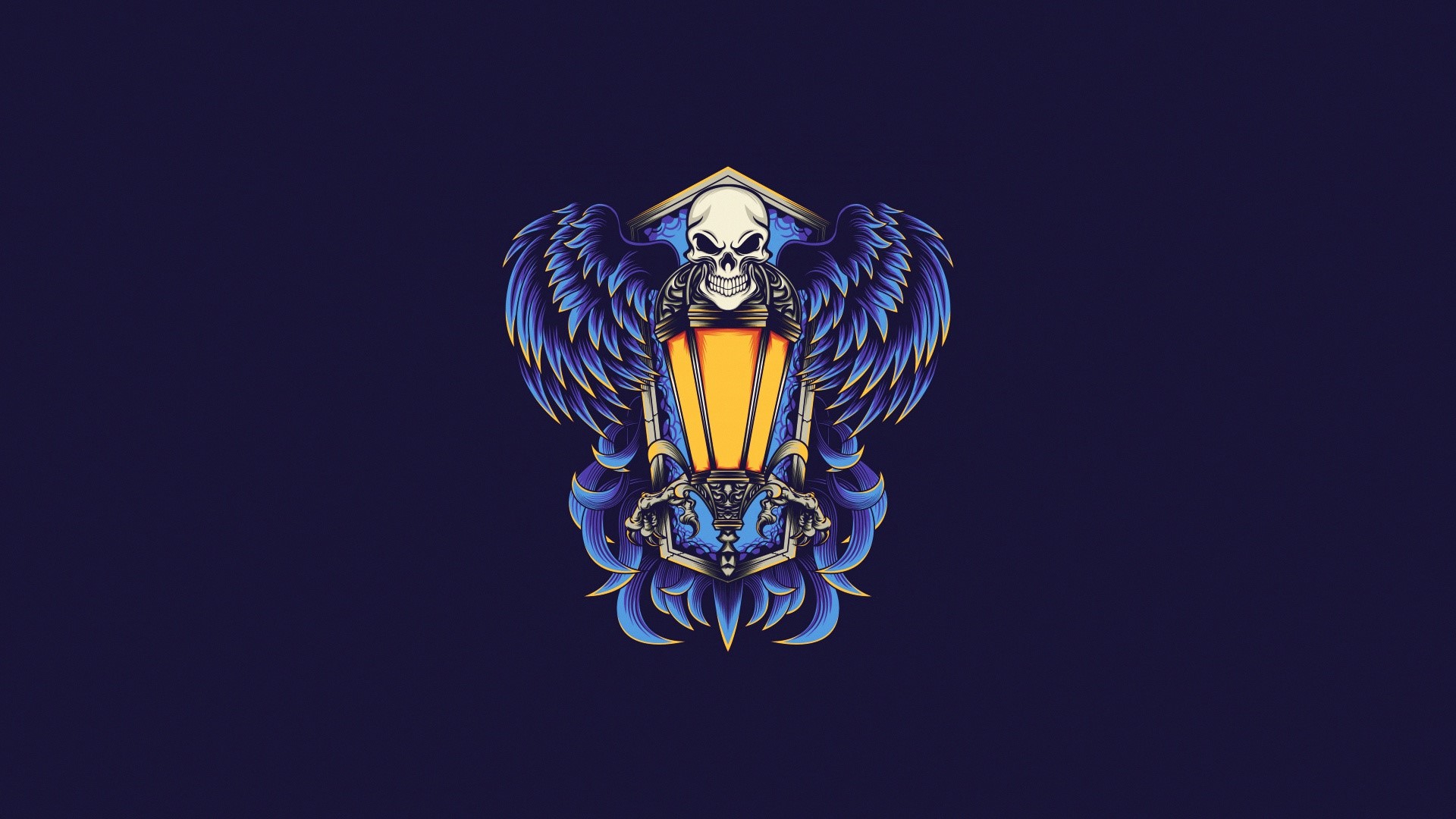 lantern, lamp, skull, artwork, blue background, simple background, HD Wallpaper