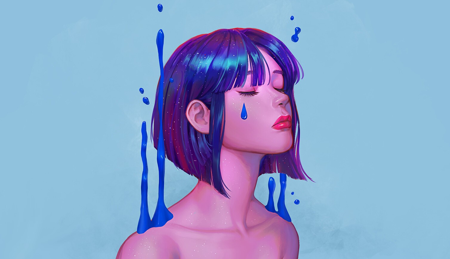 digital, digital art, women, blue hair, simple background, blue background, HD Wallpaper