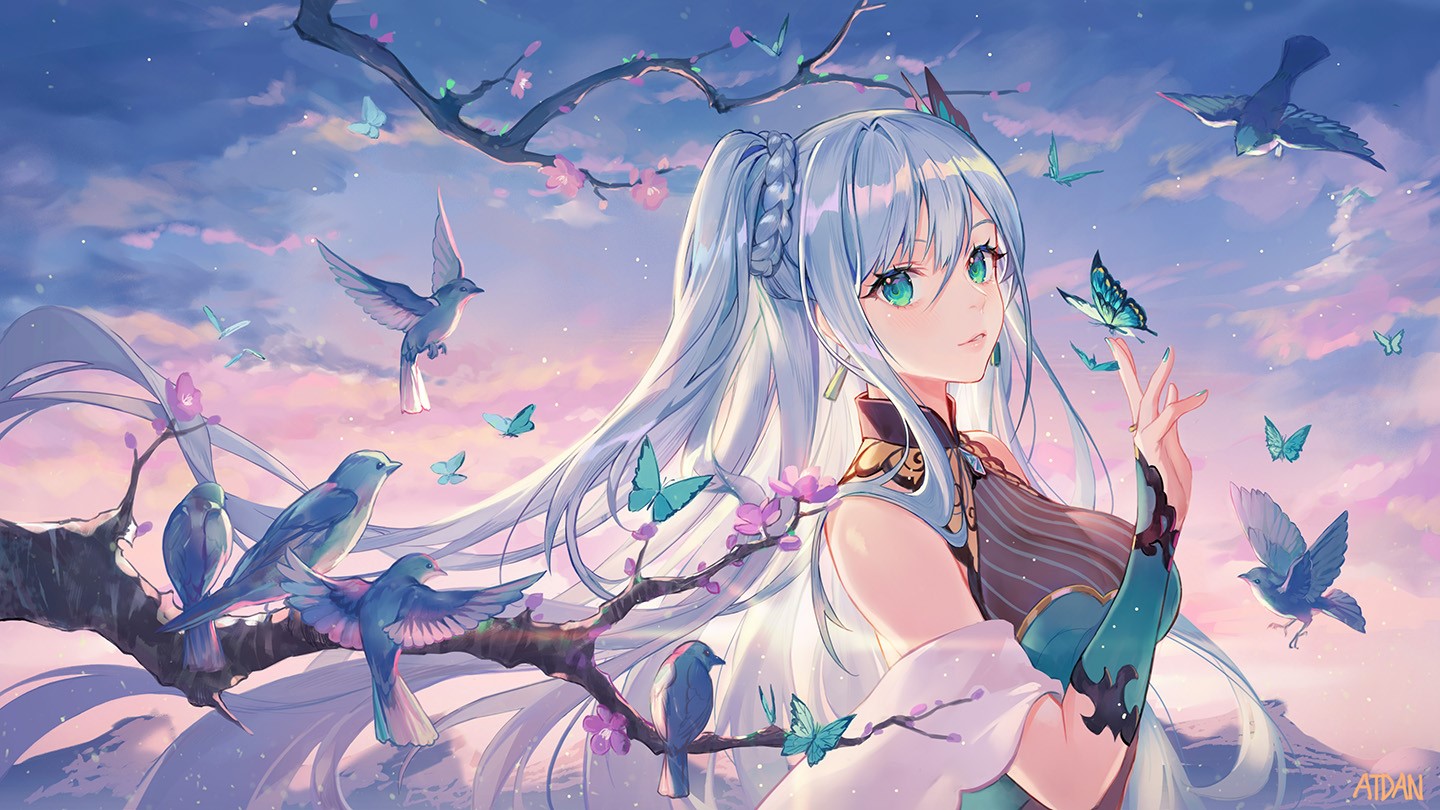 anime girls, birds, butterfly, Atdan, HD Wallpaper