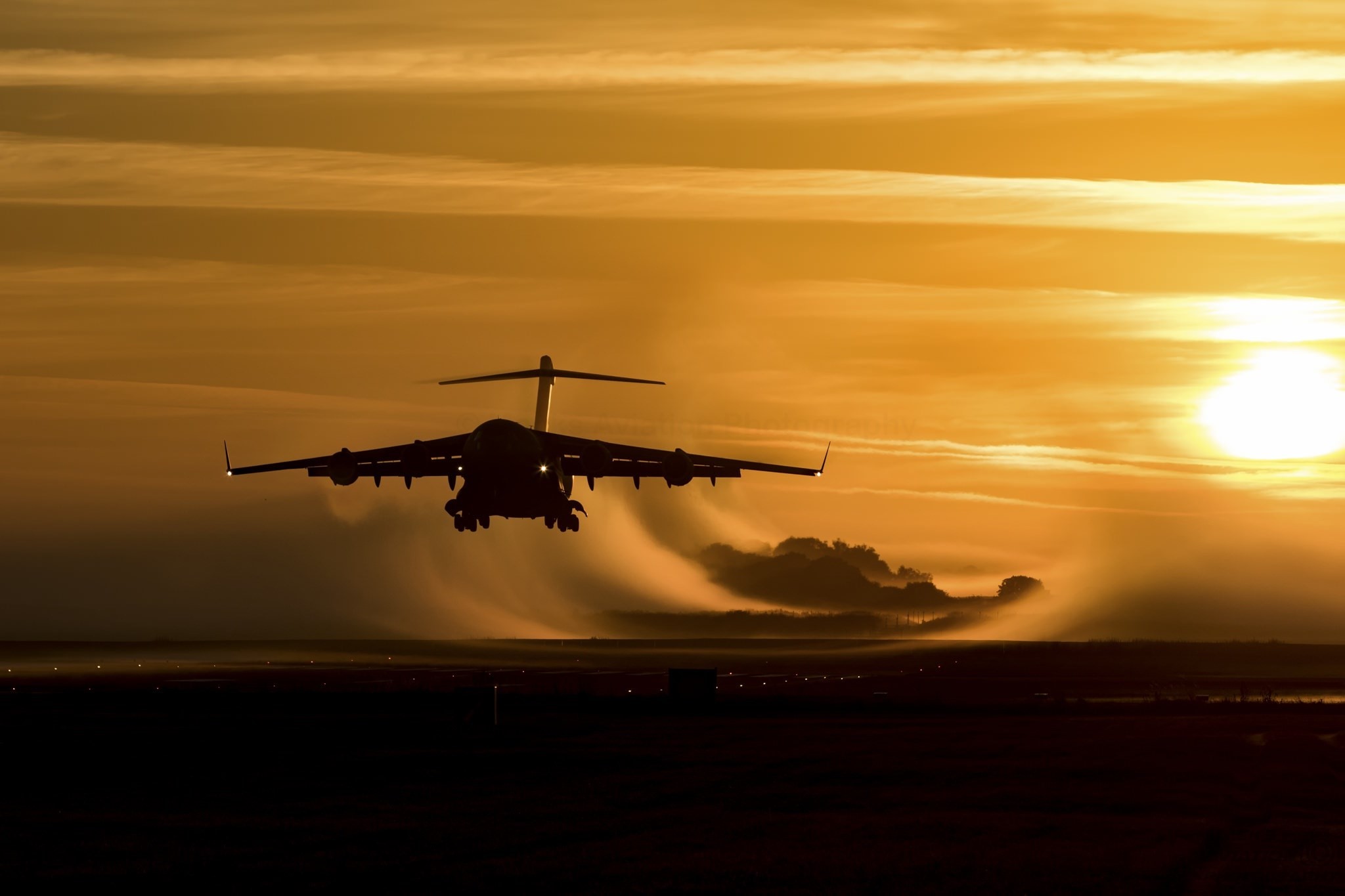Boeing C-17 Globemaster III, US Air Force, military aircraft, airplane, silhouette, mist, orange sky, HD Wallpaper
