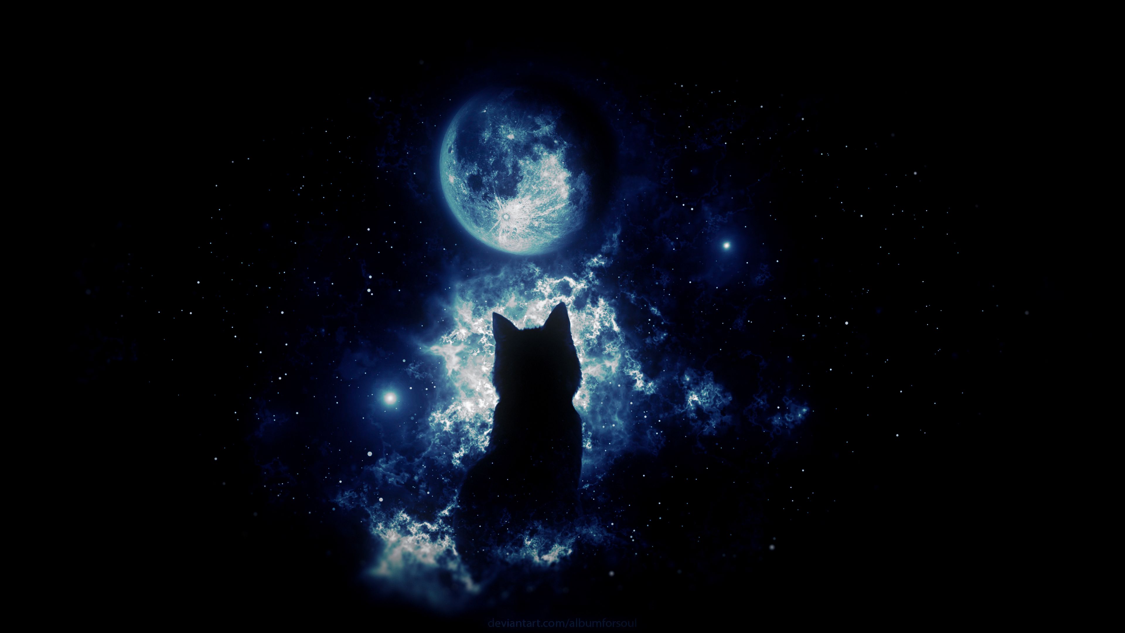 cat, silhouette, moon, starry sky, art, fantasy, 4k, HD Wallpaper
