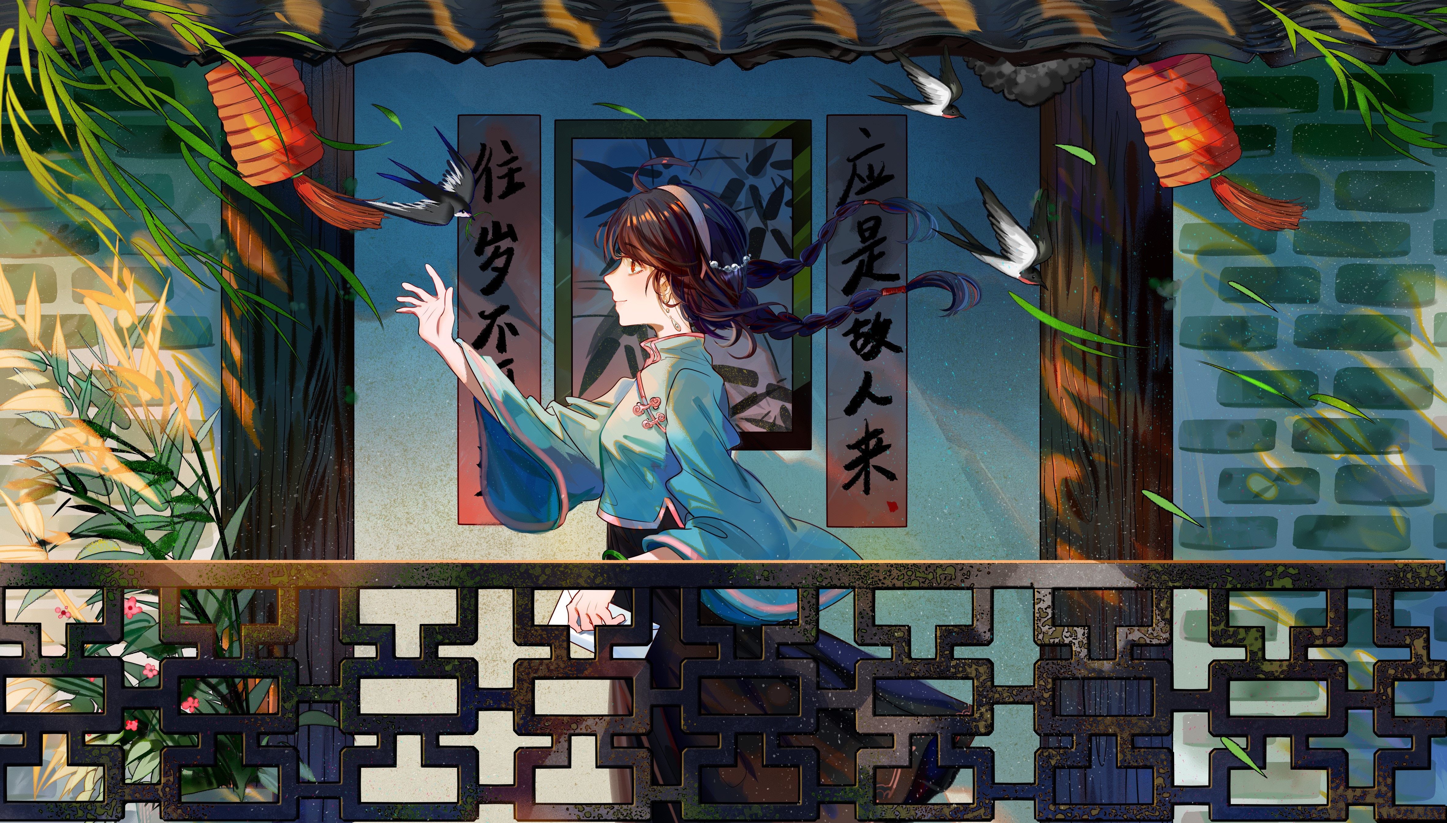 anime, anime girls, brunette, brown eyes, birds, Chinese clothing, Vocaloid, Yuezheng Ling, Vocaloid China, HD Wallpaper