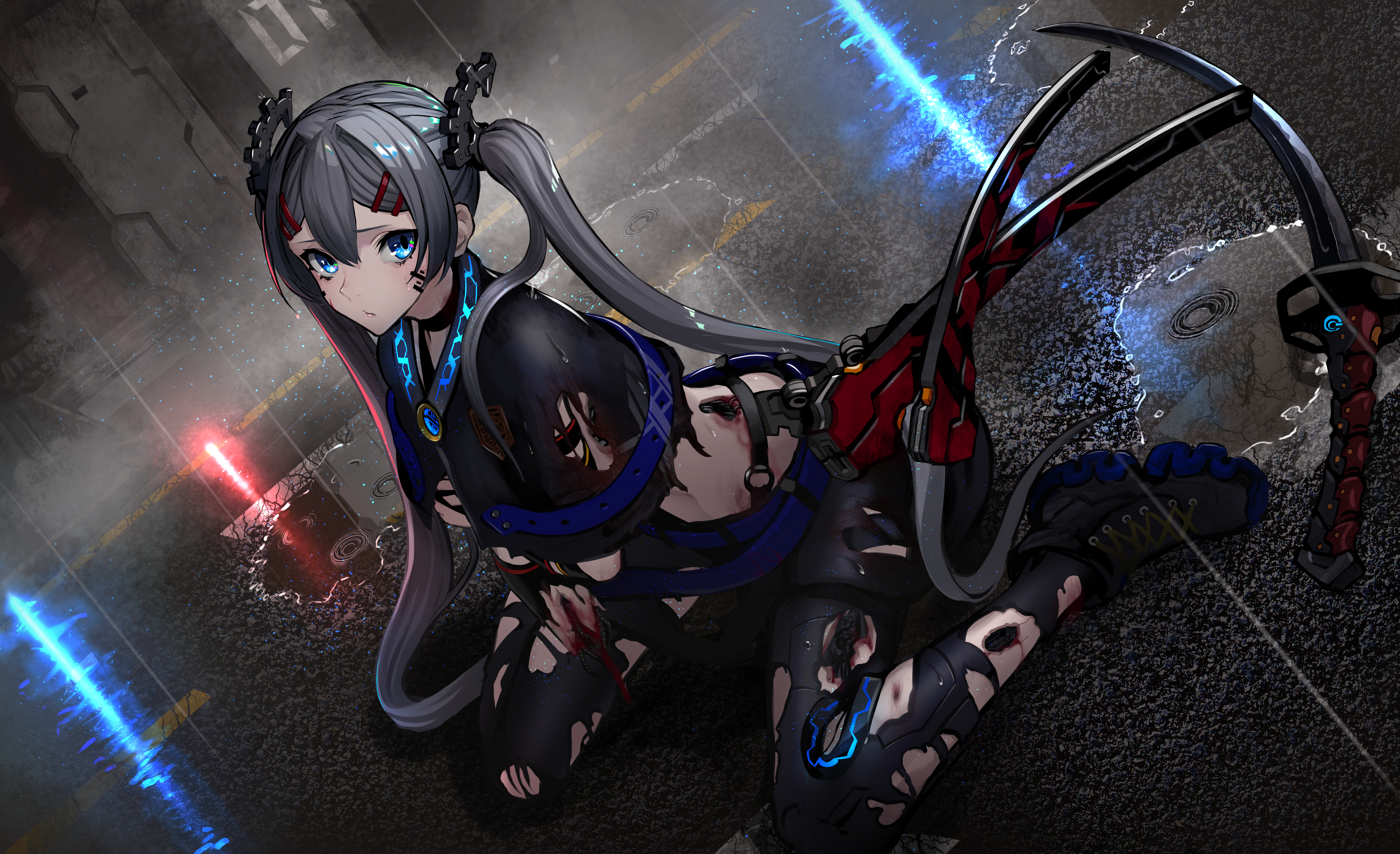 aqua eyes, black hair, twintails, katana, torn clothes, HD Wallpaper