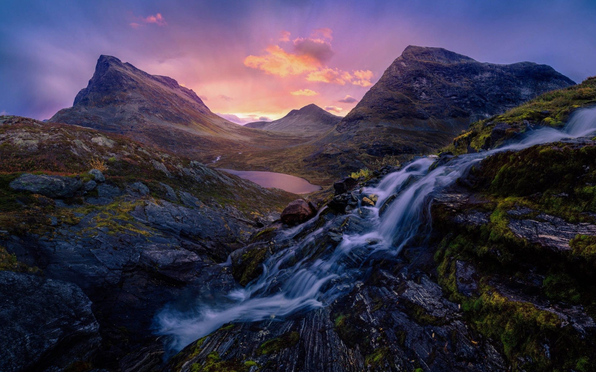 nature, landscape, lake, river, waterfall, mountains, moss, rocks, long exposure, HD Wallpaper