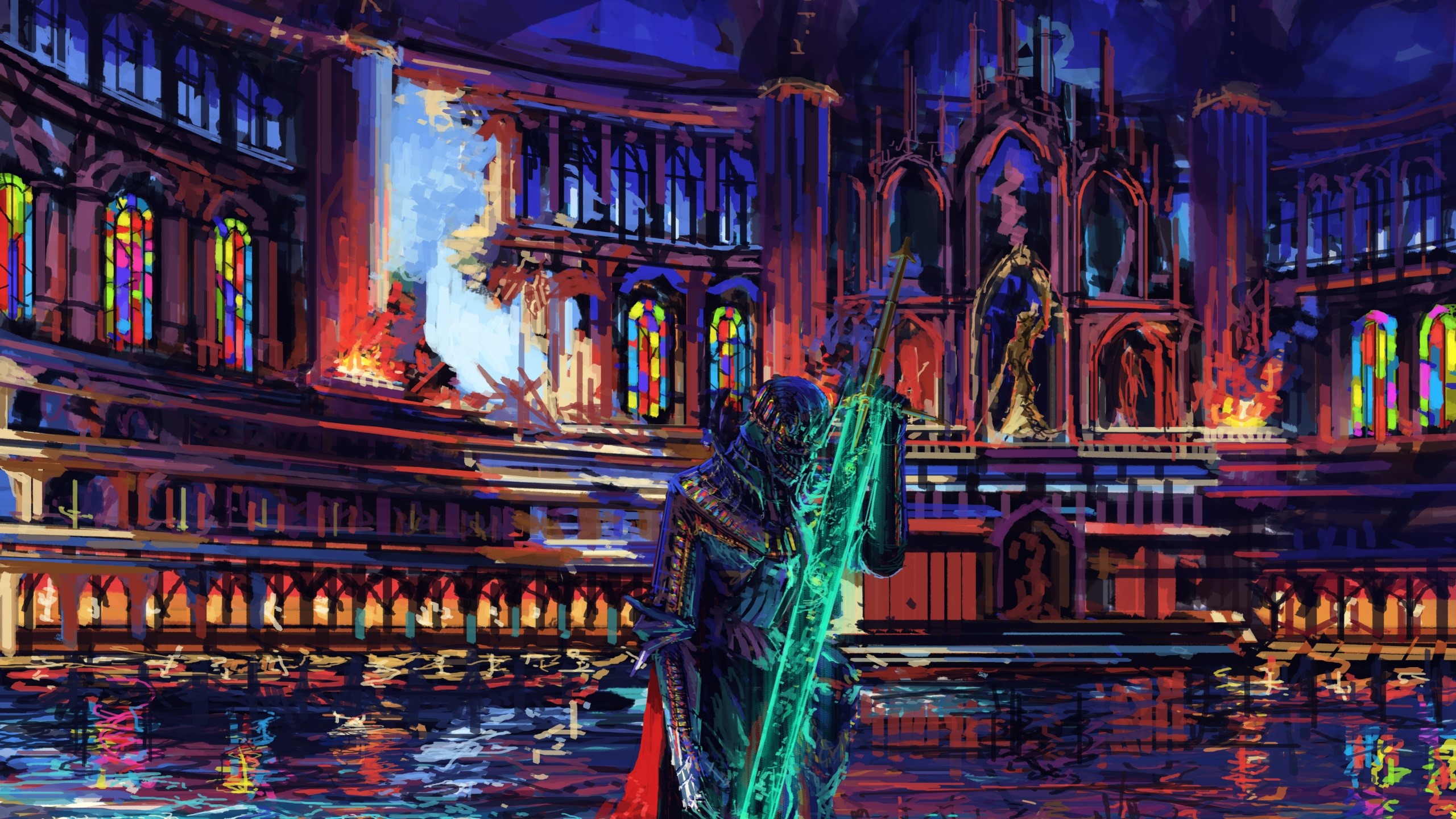 artwork, digital art, fantasy art, knight, sword, colorful, HD Wallpaper