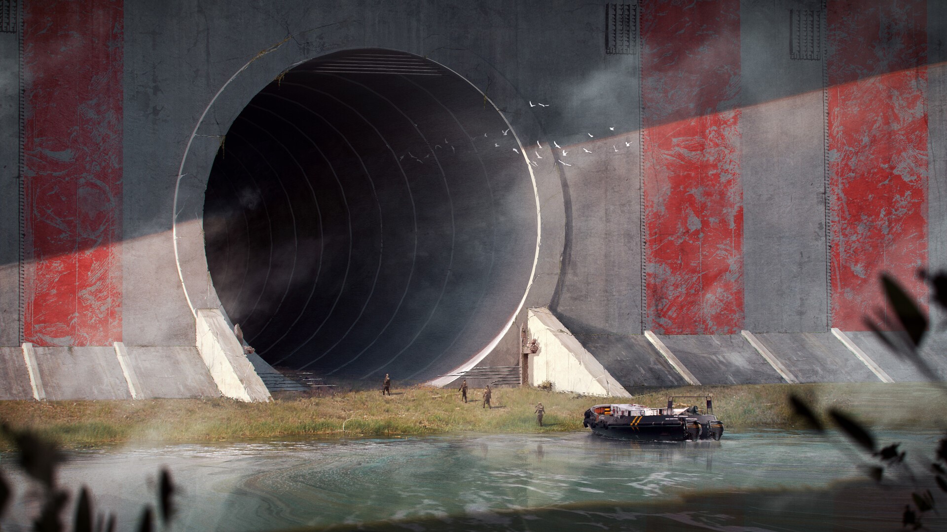 architecture, tunnel, boat, environment, concrete, military, birds, water, stripes, HD Wallpaper