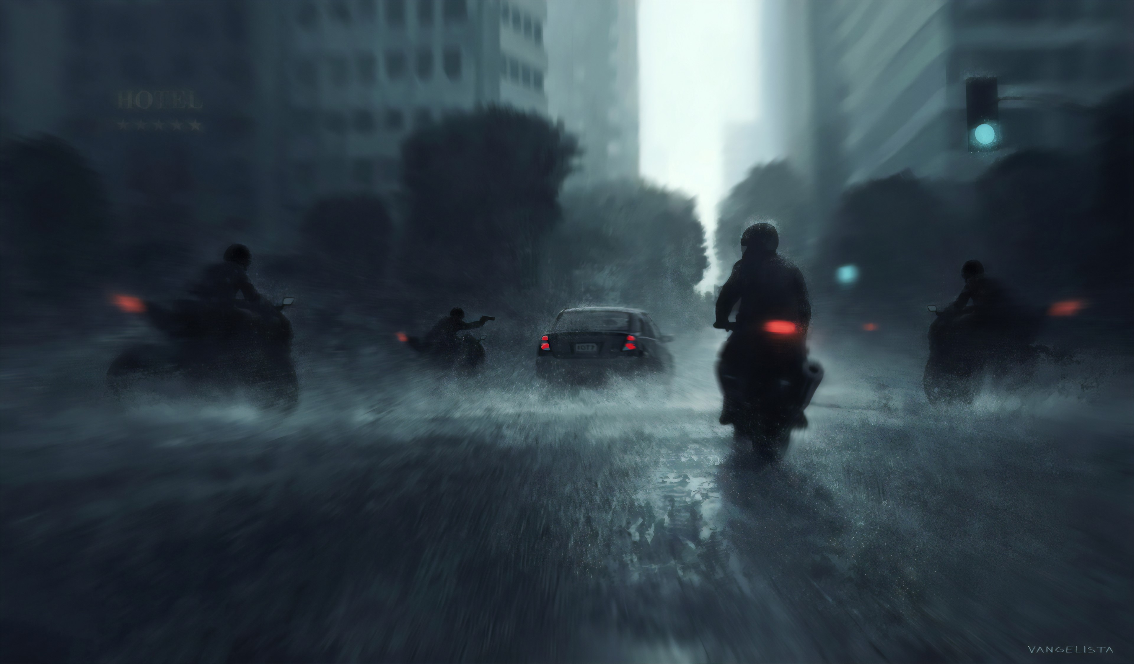 digital, digital art, artwork, illustration, concept art, city, city lights, vehicle, car, motorcycle, motorcyclist, pistol, silhouette, architecture, building, trees, rain, cityscape, lights, urban, street, street light, traffic lights, HD Wallpaper