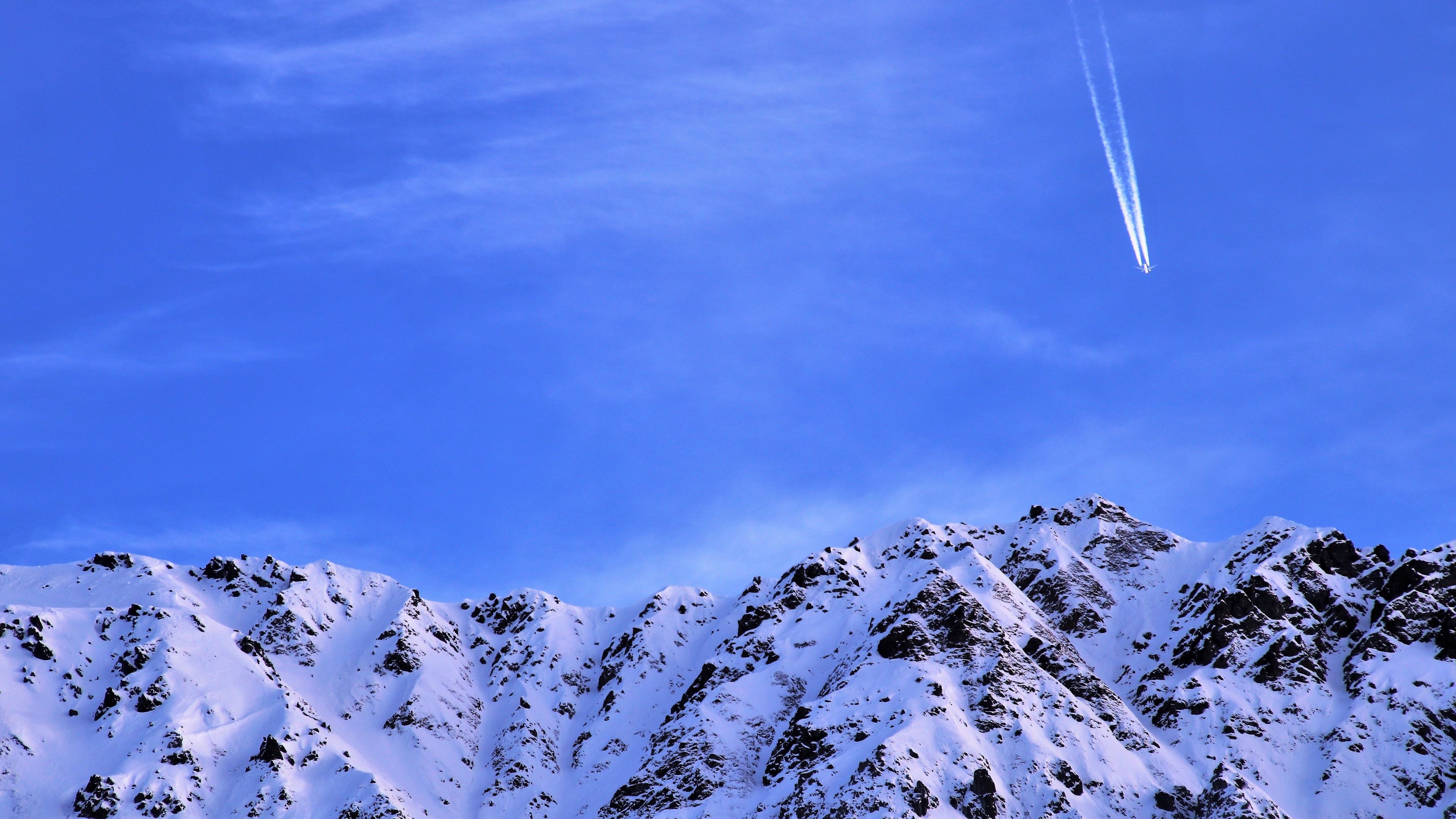 mountain, snow, plane, sky, snowy, flight, peak, 4k, HD Wallpaper