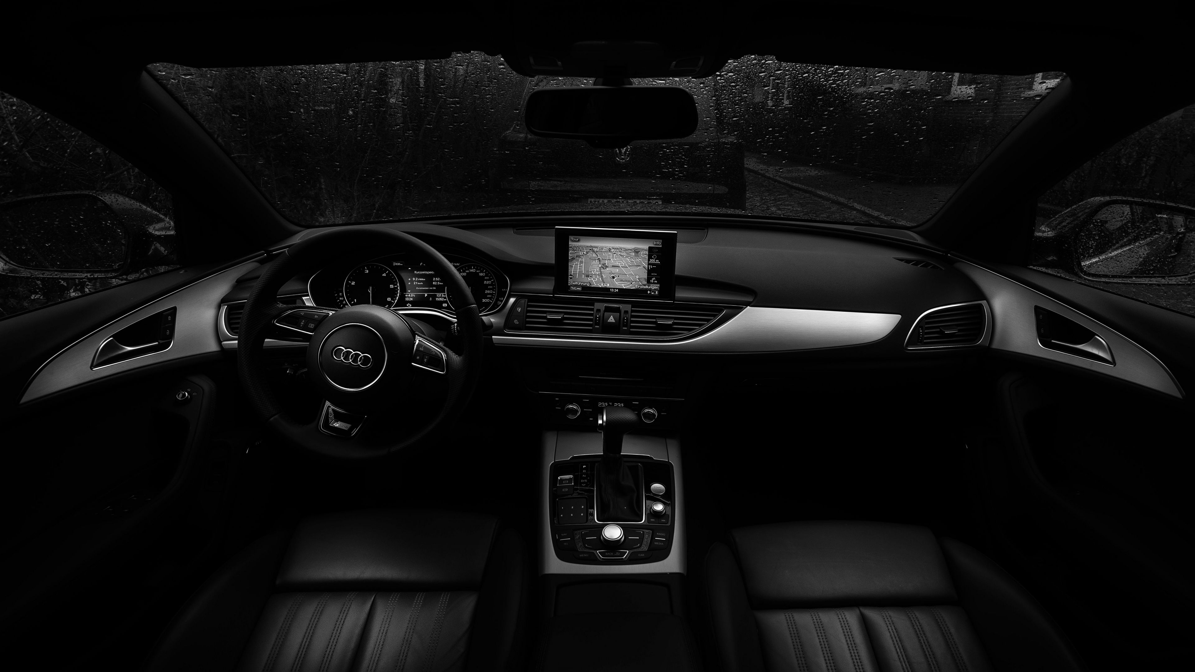 audi, steering wheel, car salon, rain, bw, 4k, HD Wallpaper