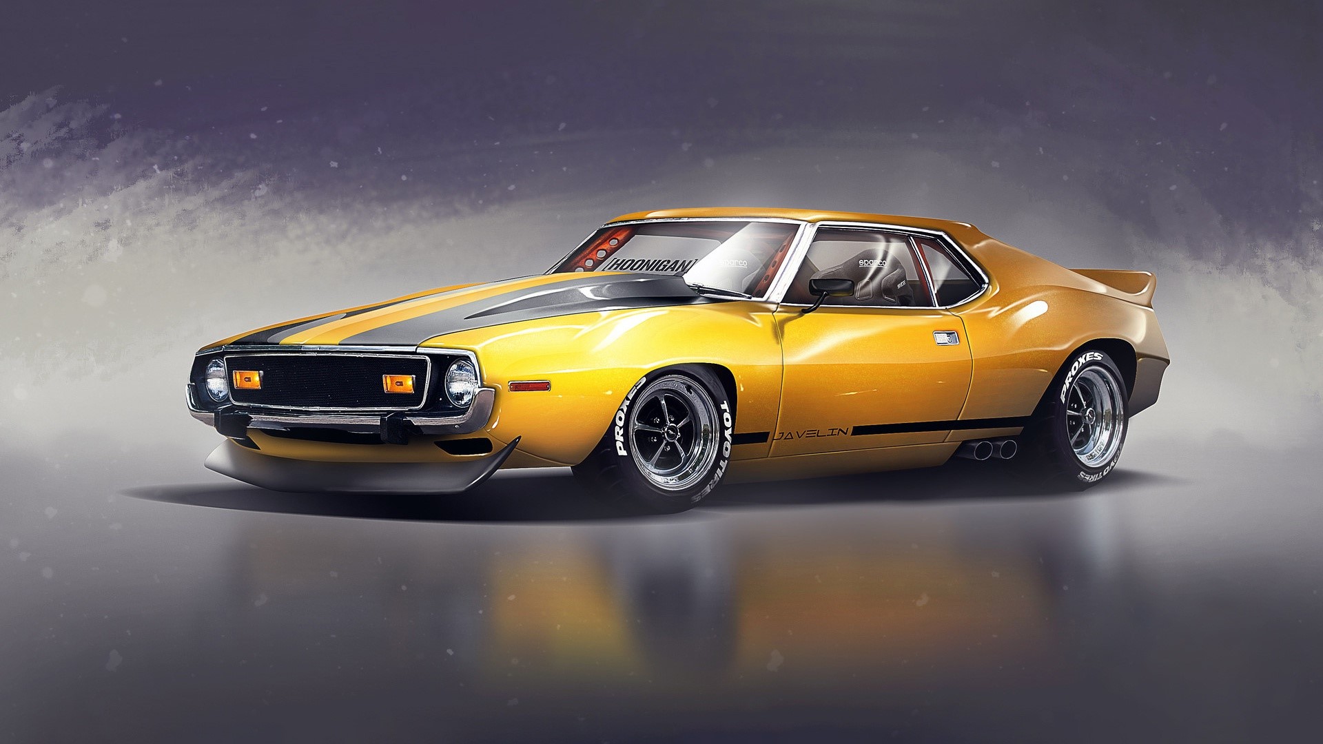 yellow cars, vehicle, car, artwork, AMC Javelin, HD Wallpaper