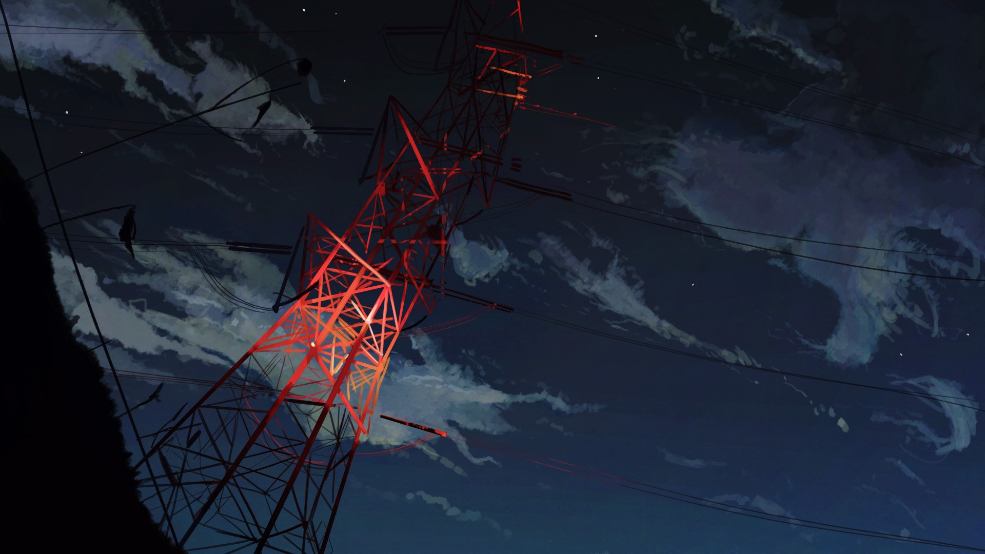 anime, power lines, sky, clouds, outdoors, HD Wallpaper
