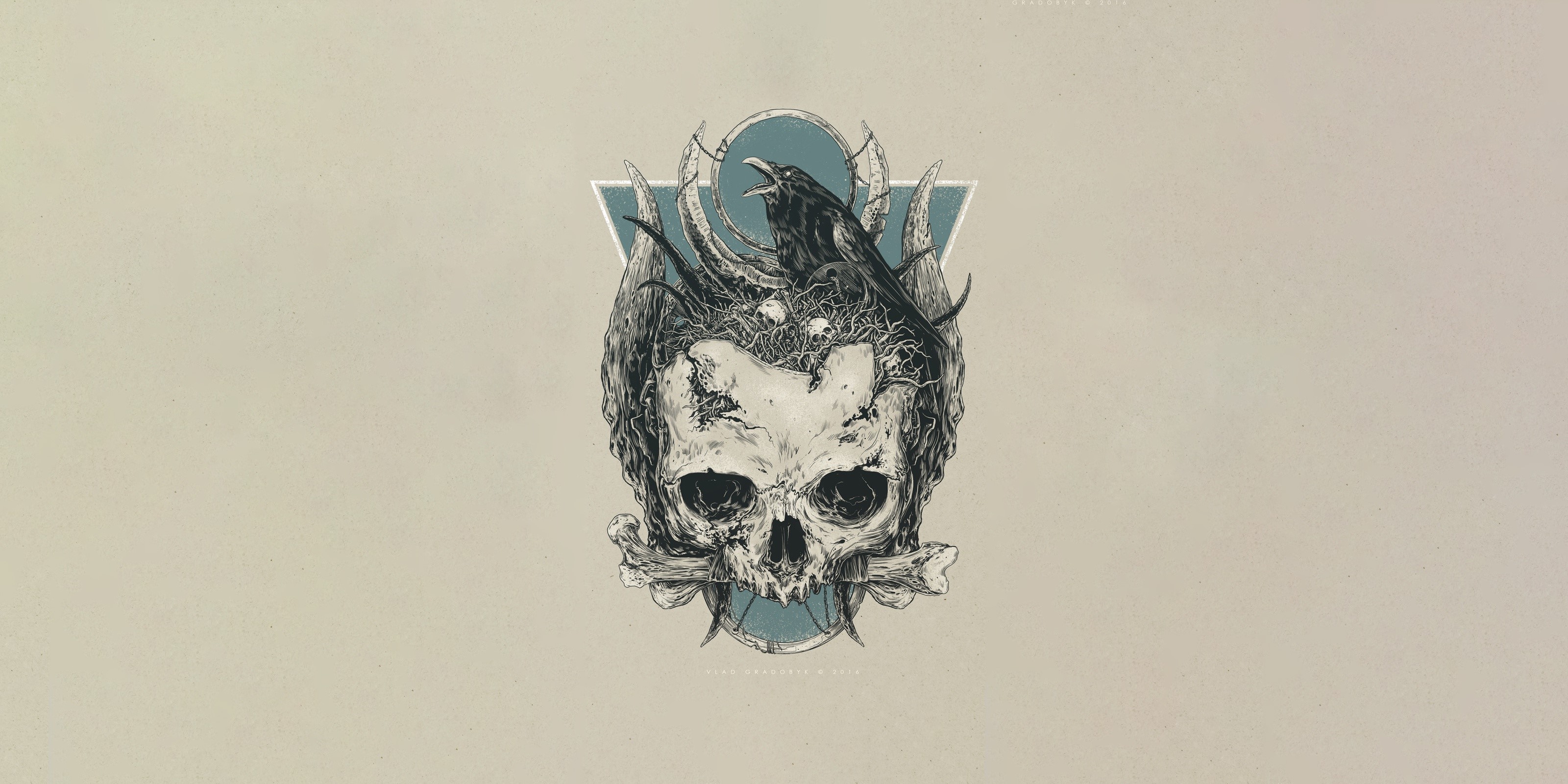 simple background, skull, birds, artwork, Vlad Gradobyk, frontal view, HD Wallpaper