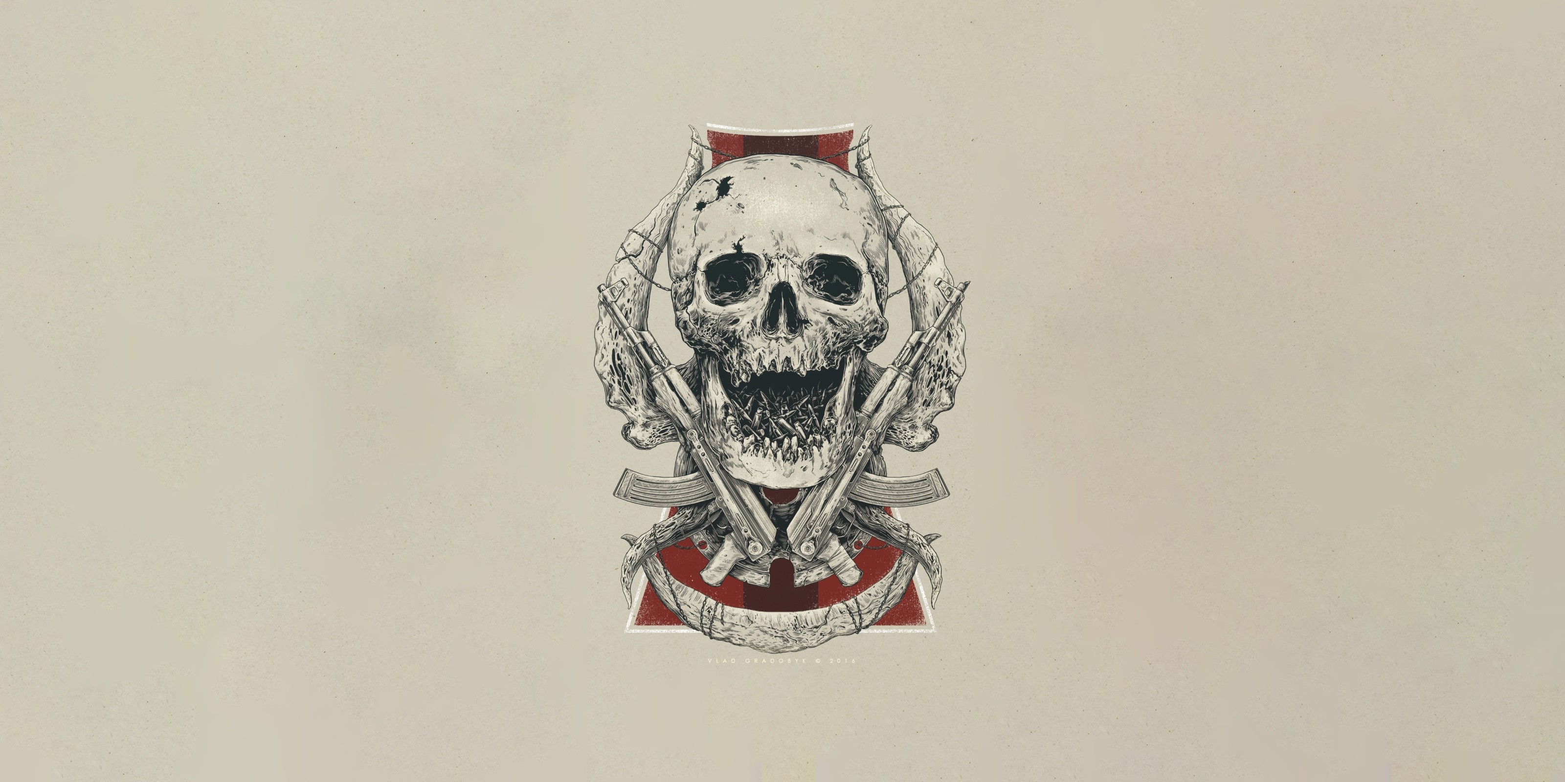 simple background, artwork, skull, weapon, Vlad Gradobyk, frontal view, HD Wallpaper