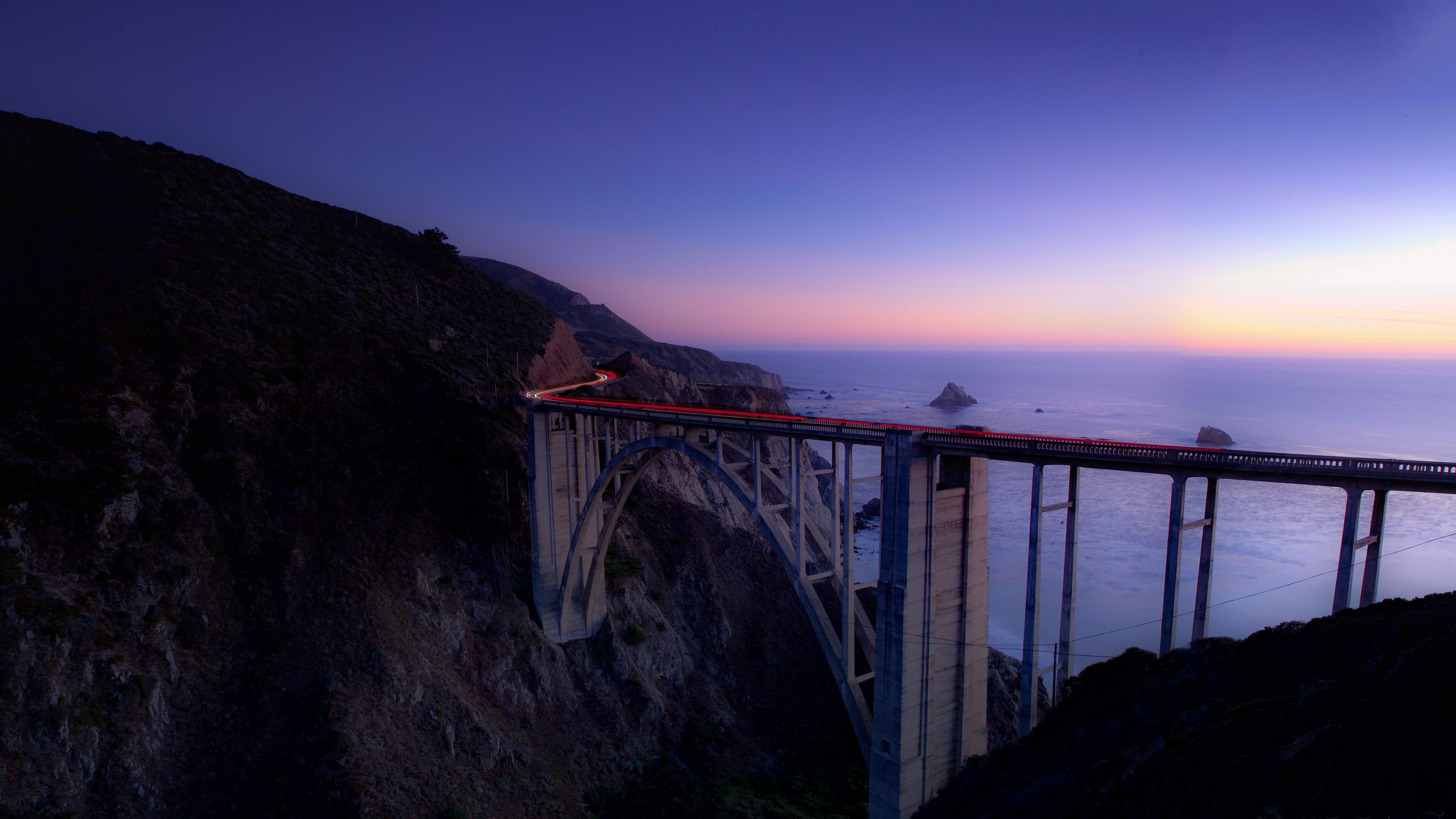 bridge, sea, cliff, lights, night, sky, long exposure, 4k, HD Wallpaper
