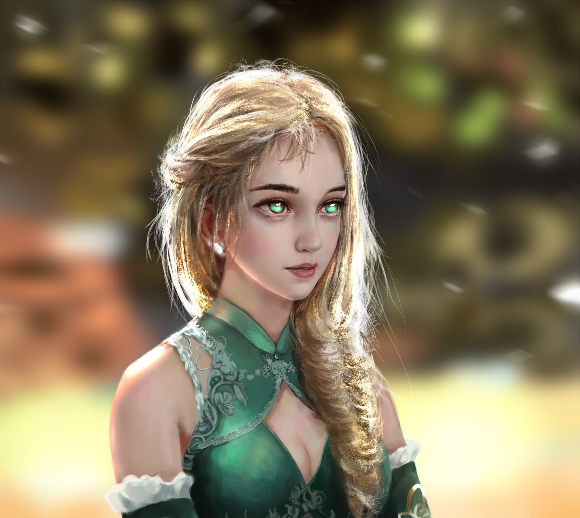 digital art, fantasy art, women, blonde, illustration, green eyes, HD Wallpaper