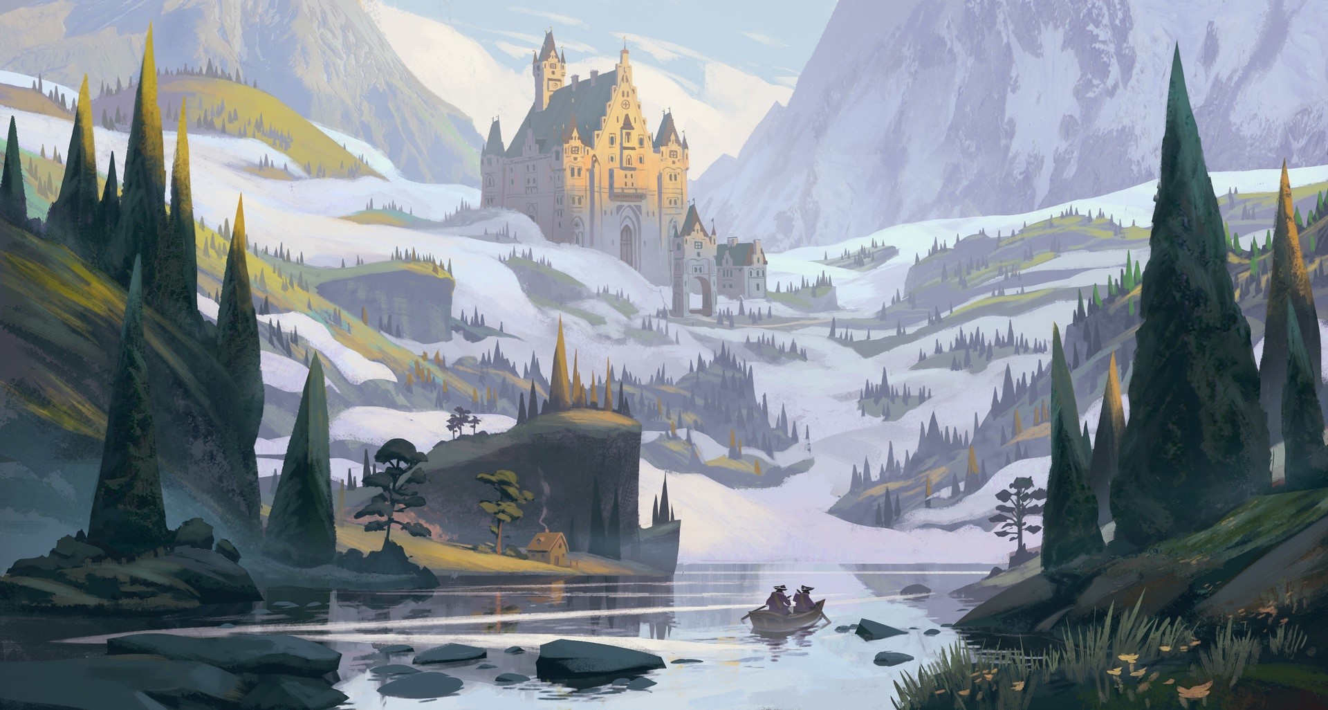 artwork, fantasy art, castle, snow, winter, mountains, cottage, river, rowboat, HD Wallpaper