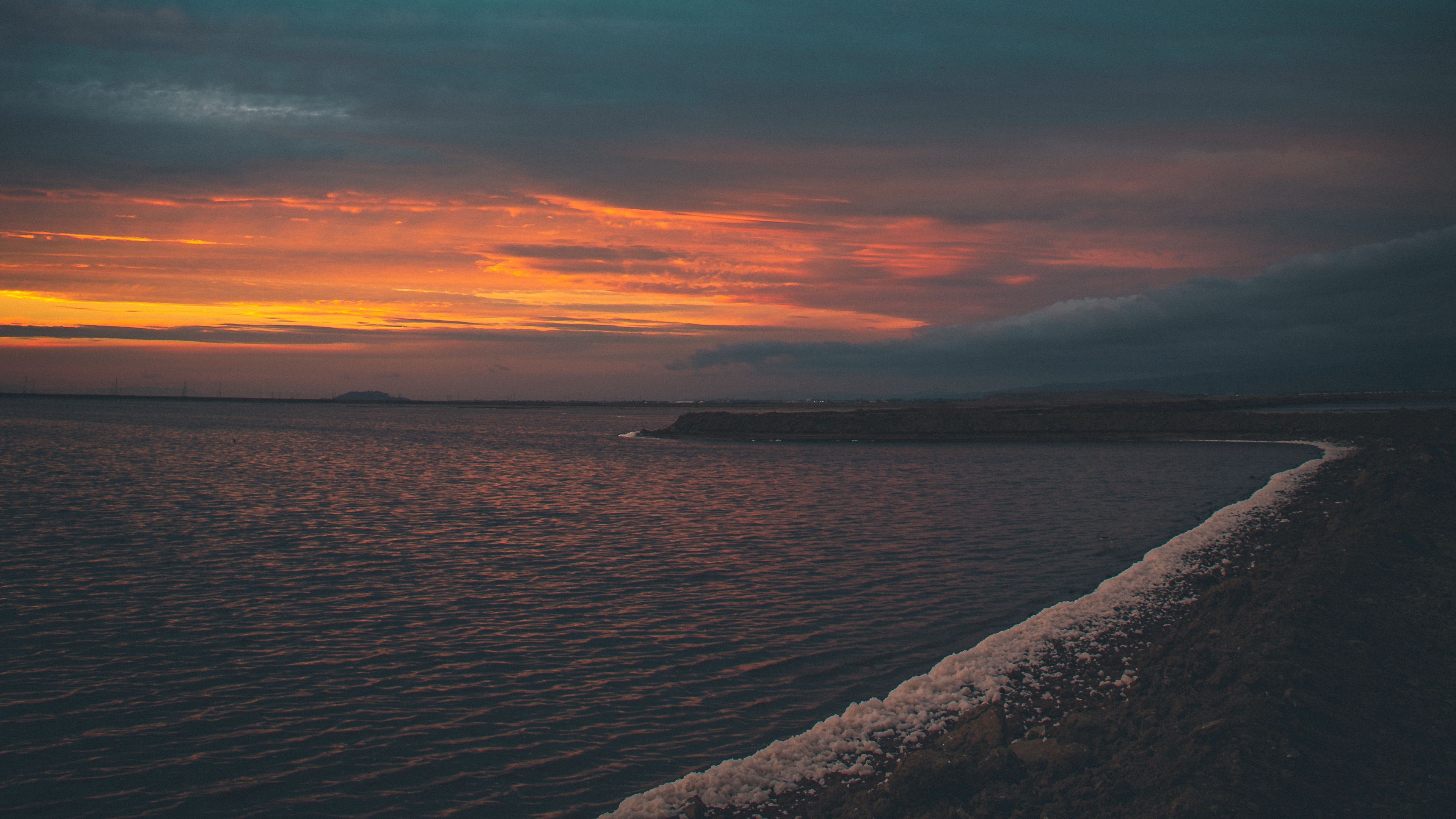 sea, sunset, horizon, coast, sky, 4k, HD Wallpaper
