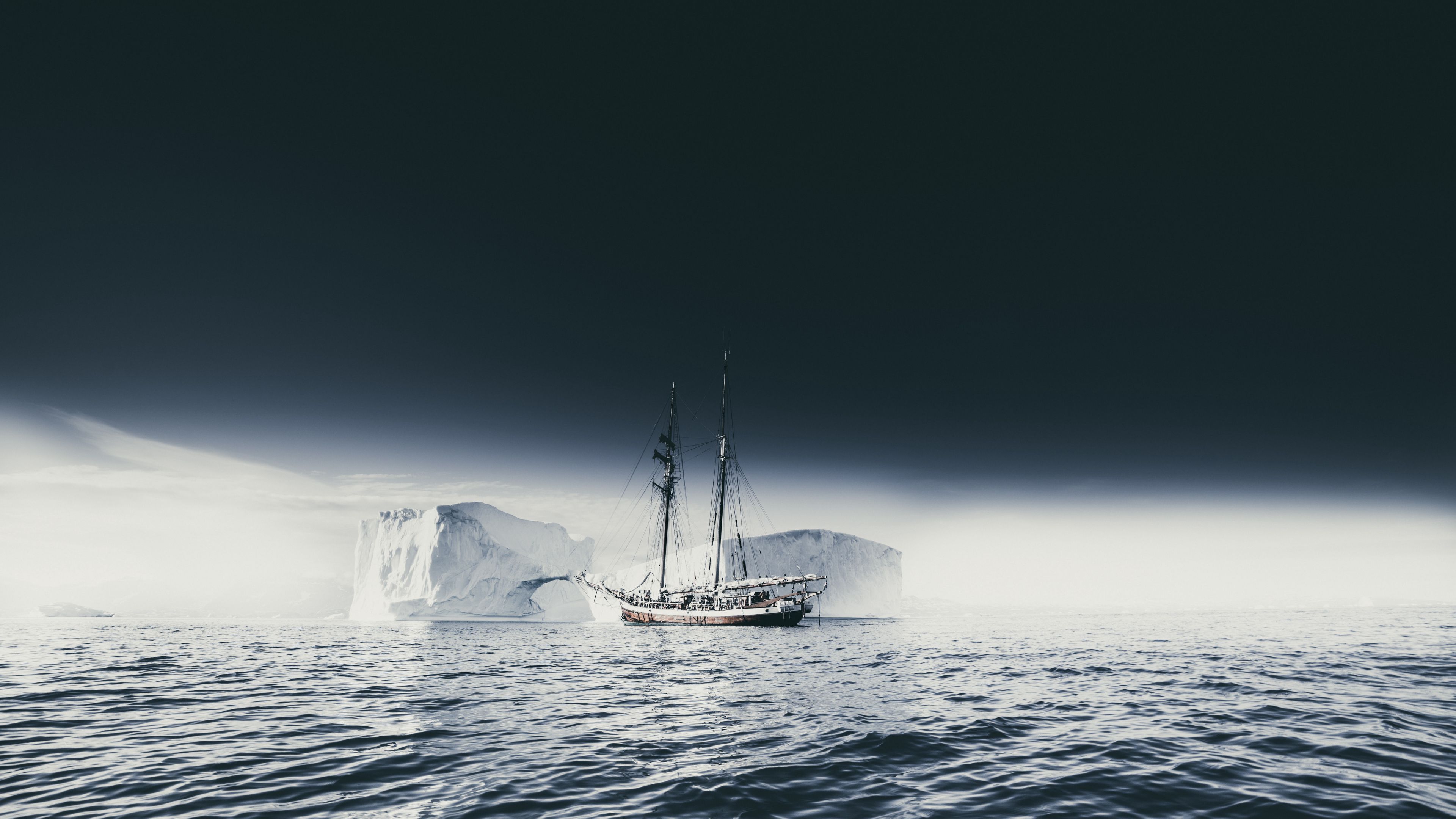 ship, iceberg, ice, fog, sea, sky, 4k, HD Wallpaper