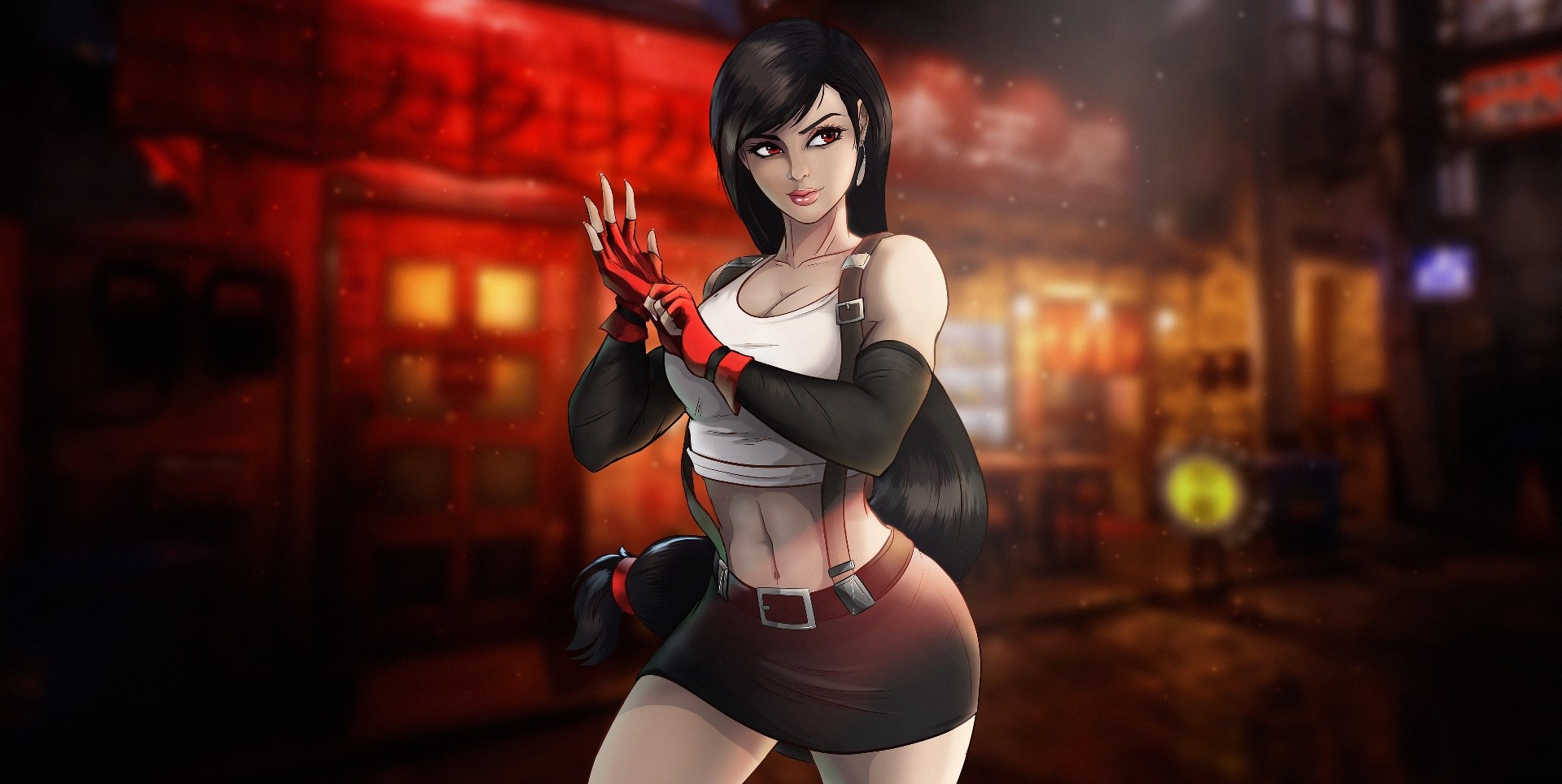 anime, anime girls, dark hair, miniskirt, red eyes, long hair, Tifa Lockhart, Final Fantasy VII, HD Wallpaper